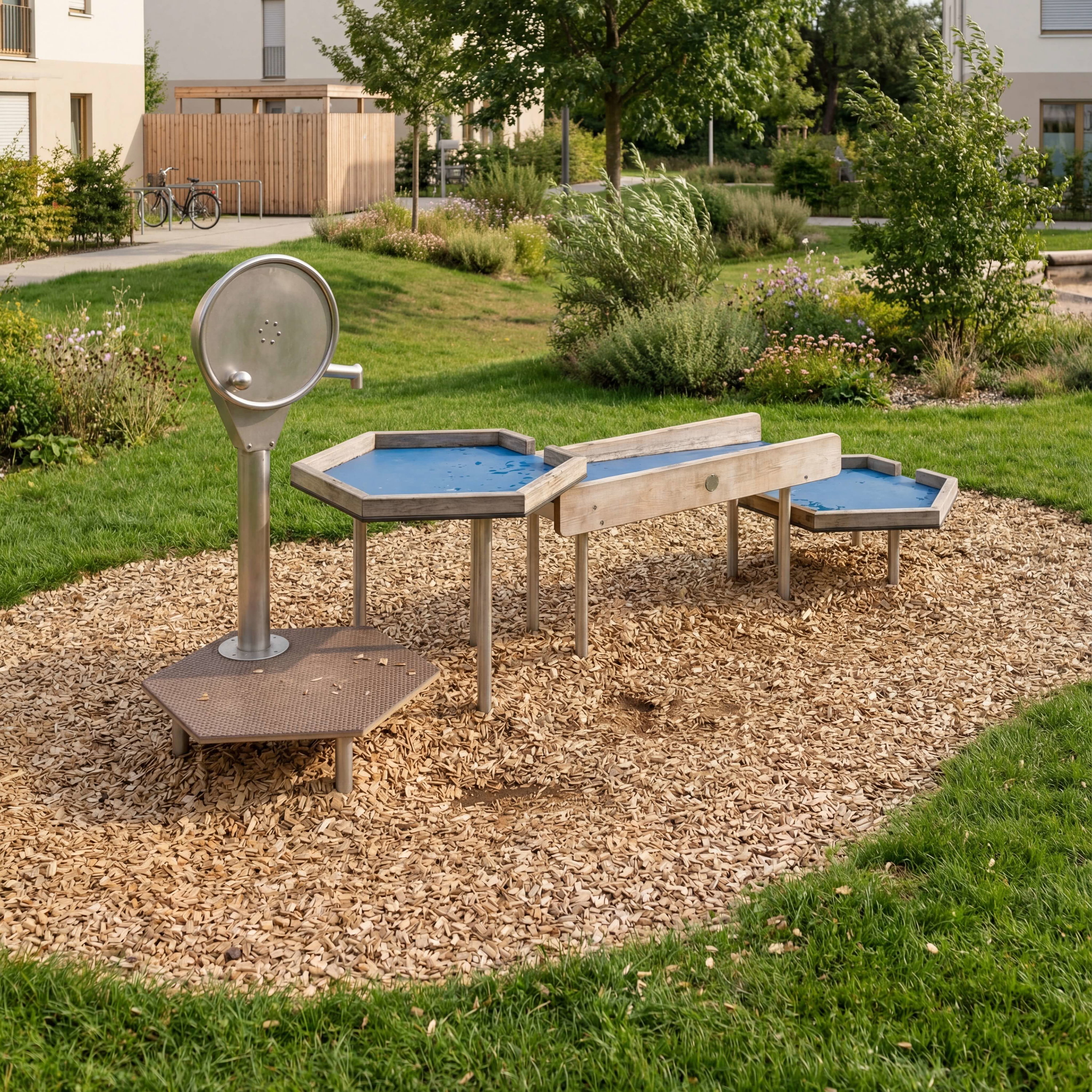Wasserspielplatz im Grünanlage mit Holzplattformen und Metallbrunnen für Kinder.