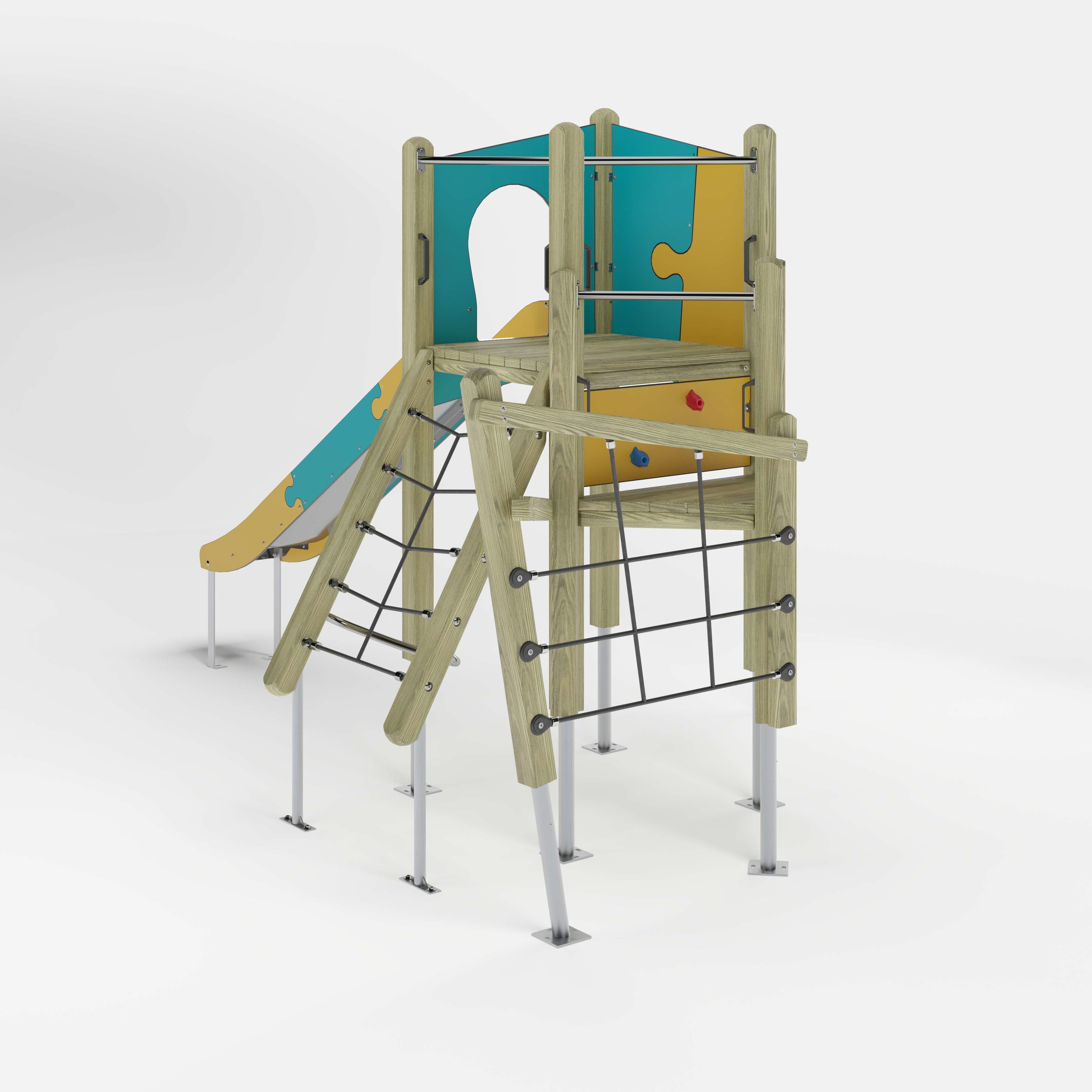 Bunte Kinderspielburg mit Dach und Rutsche auf weißem Hintergrund.
