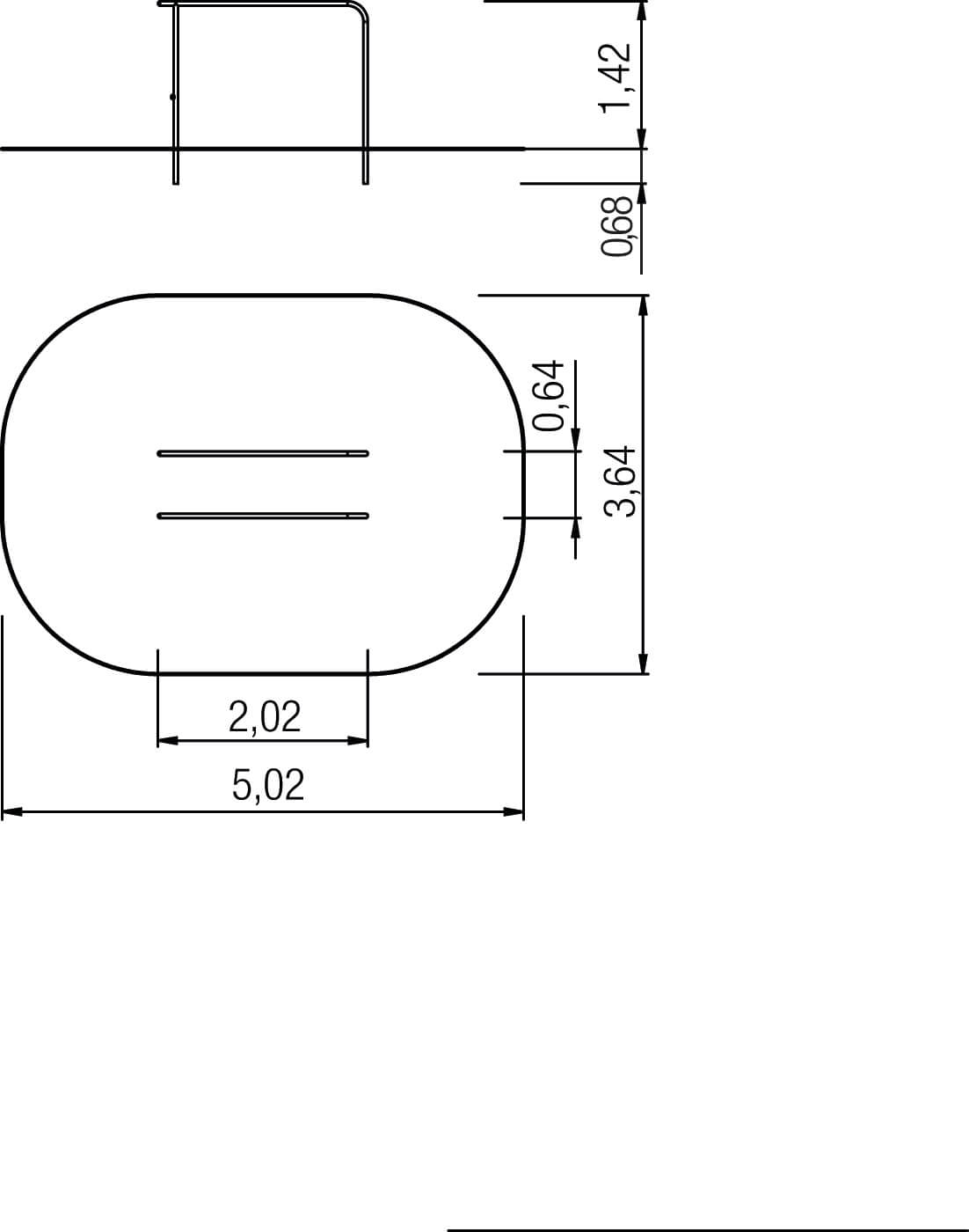 Technische Zeichnung eines ovalen Bauteils mit Maßen und Bohrungen – technisches Design für Maschinenbau.