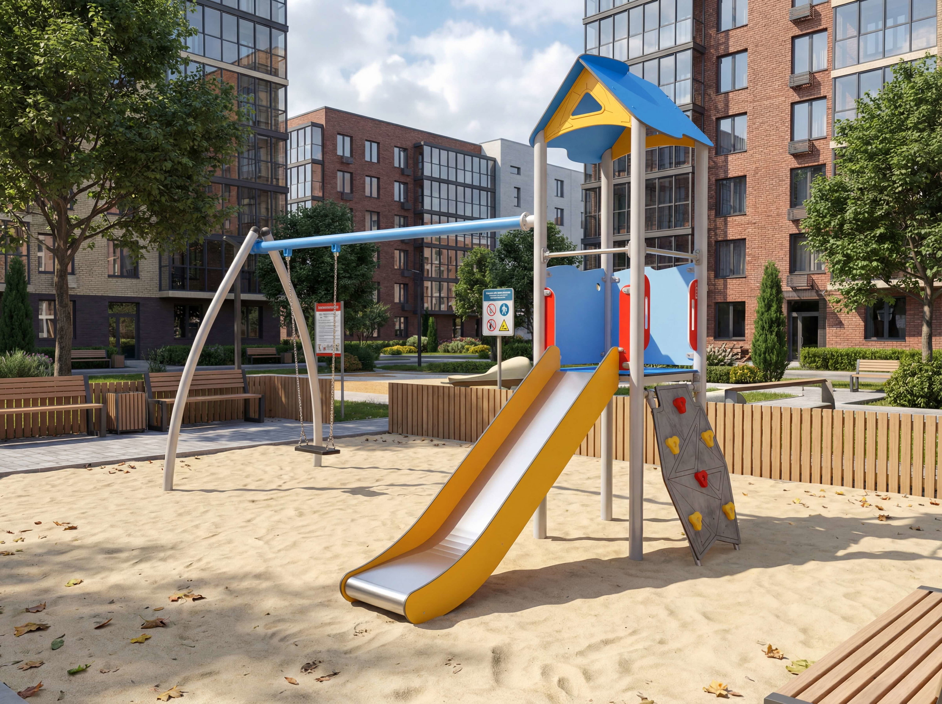 Farbiger Spielplatz mit Rutsche und Schaukel im Sand vor Wohnhäusern – ideal für Kinder.