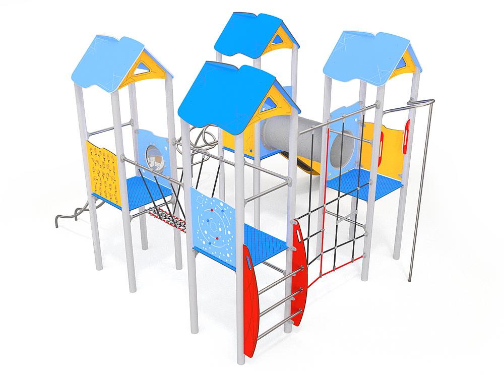Bunter Kinderspielplatz mit Rutsche und Kletterelementen für Freiluftspielbereiche.