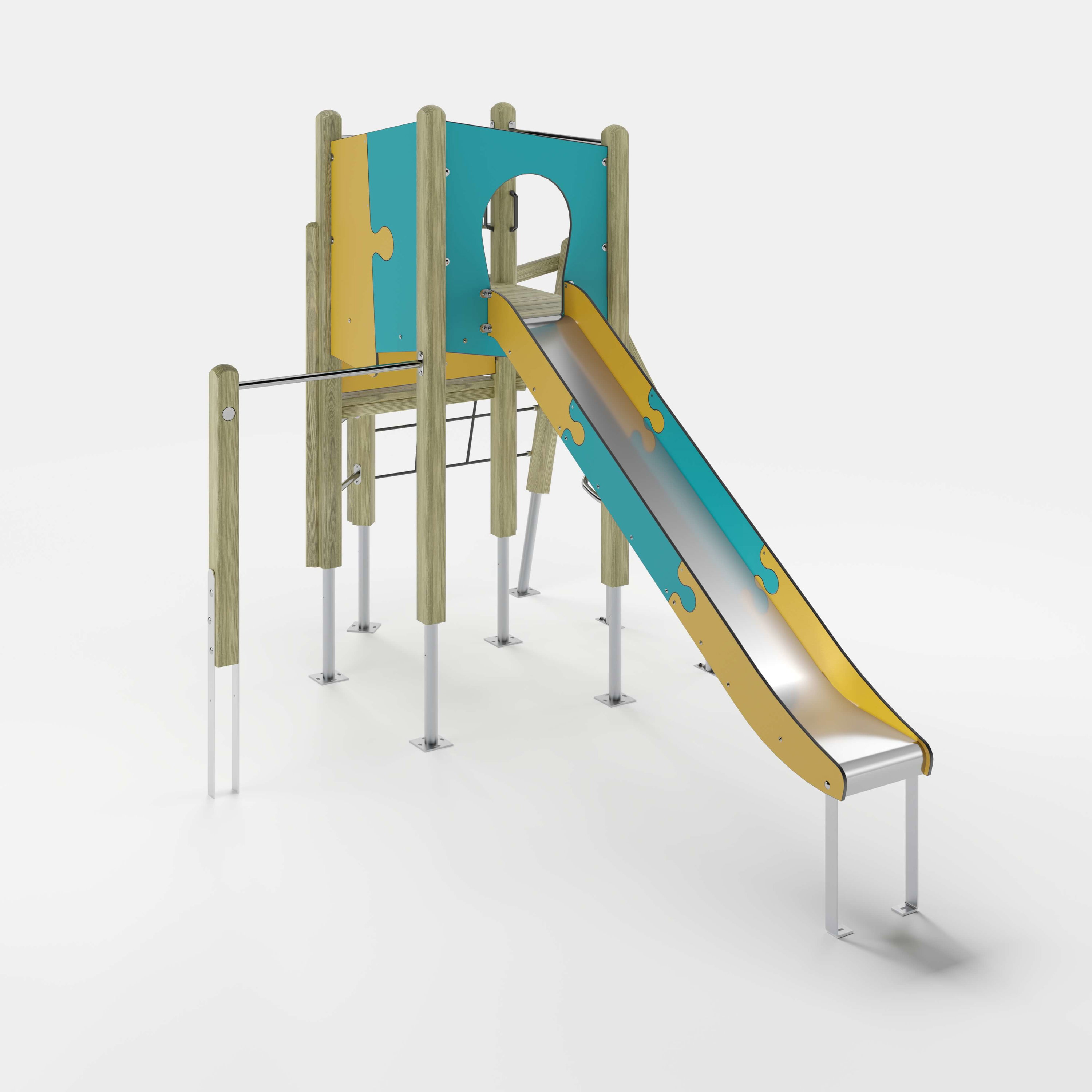 Bunte Kinderspielburg mit Dach und Rutsche auf weißem Hintergrund.