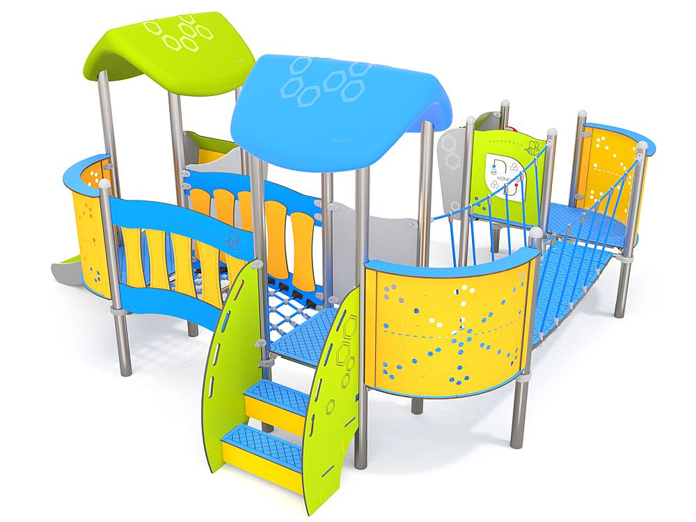 Schwinger für Kleinkinder mit Metallgestell und grünen Verbindungen auf weißem Hintergrund.