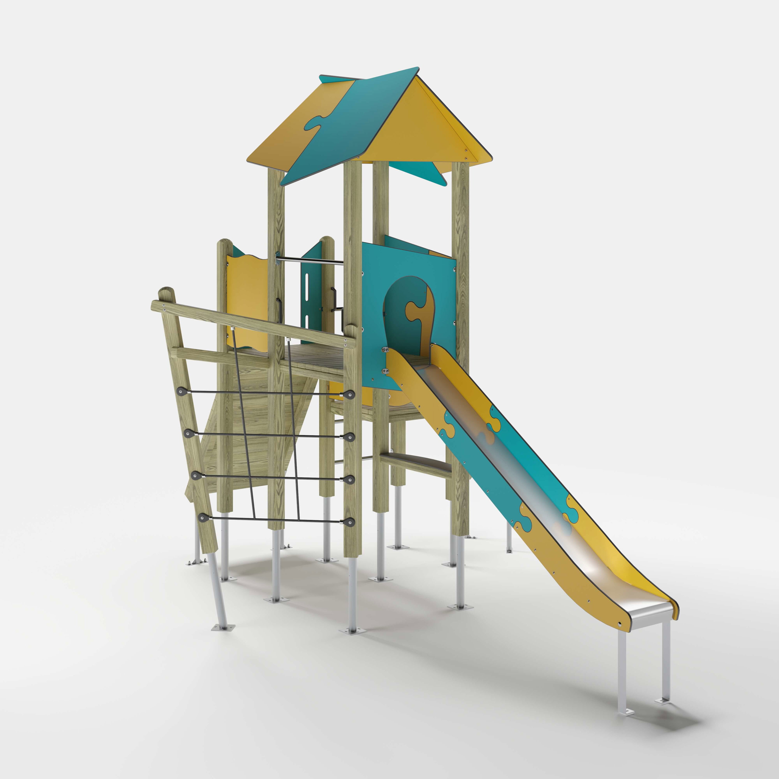 Bunte Kinderspielburg mit Dach und Rutsche auf weißem Hintergrund.