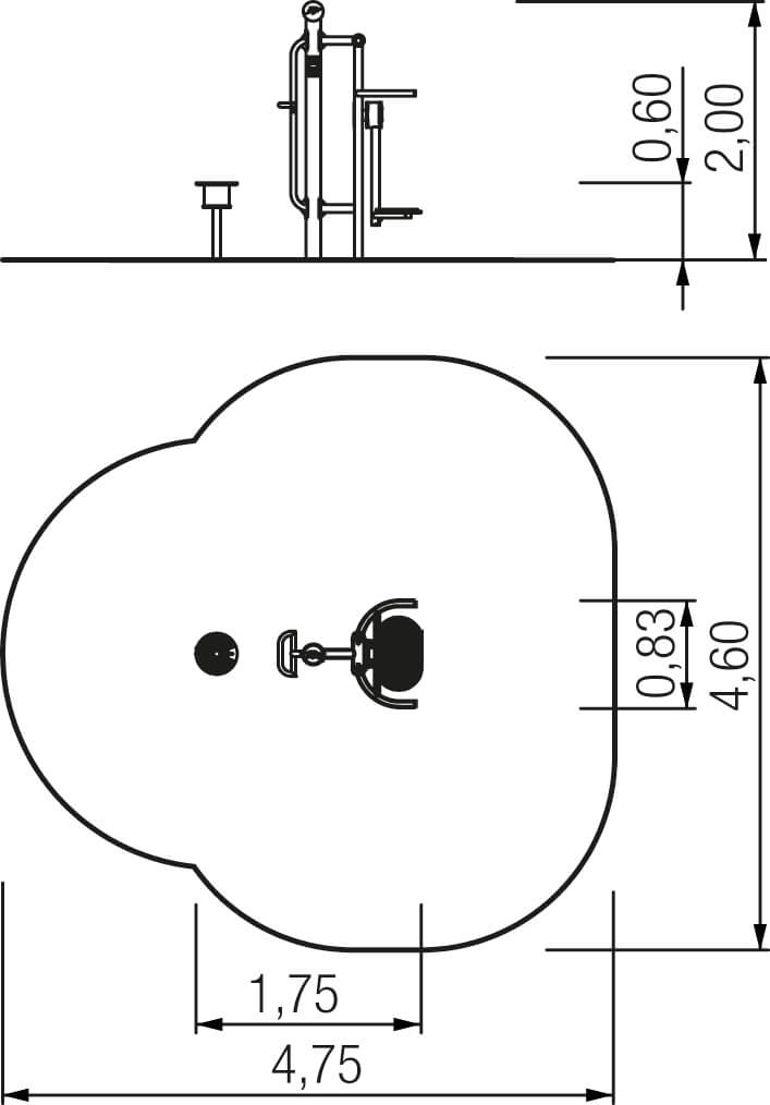Technische Zeichnung einer Badewanne mit Maßen und Armaturenansicht von oben und seitlich.
