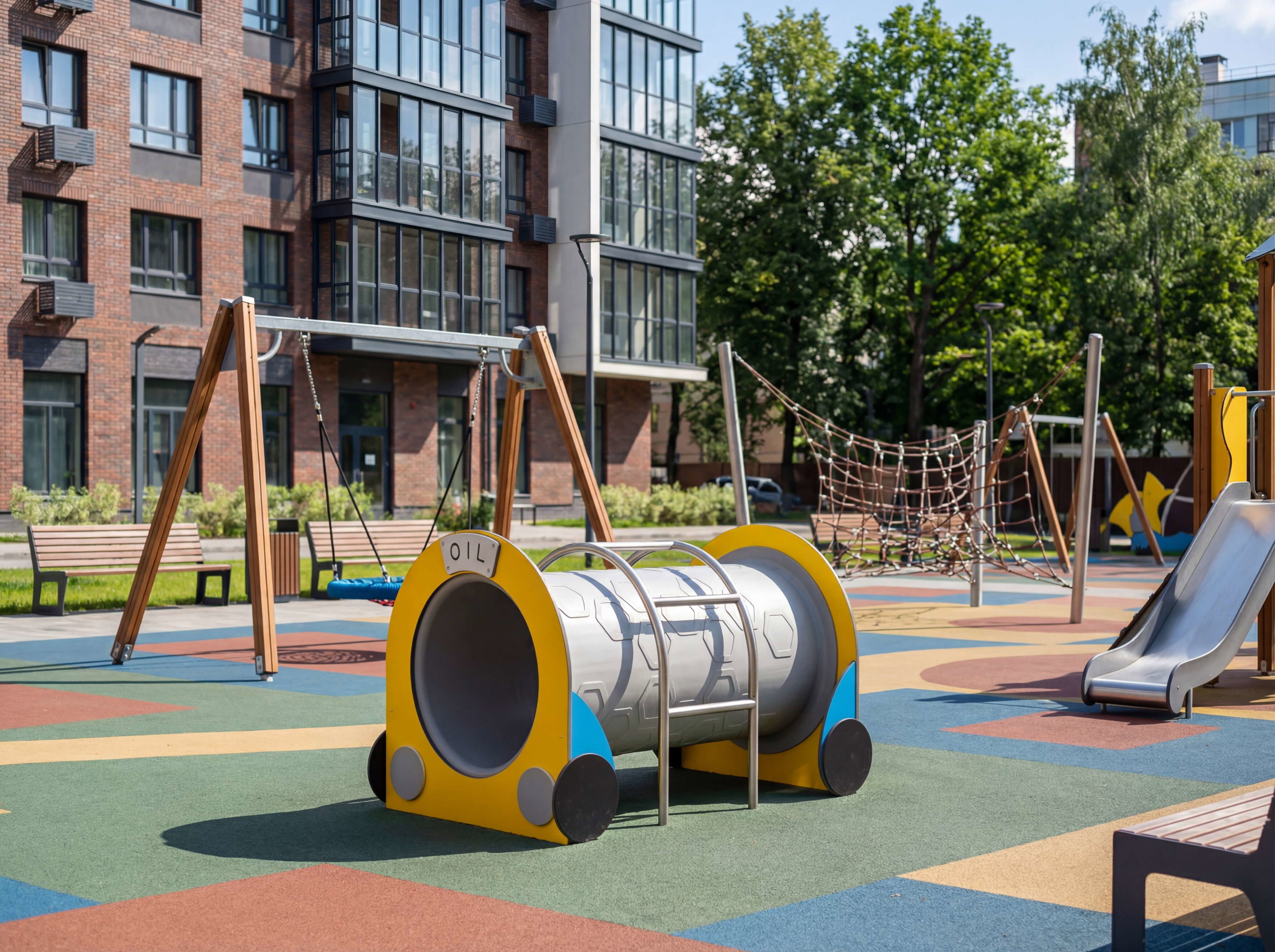 Modern playground with colorful equipment near residential buildings under sunny sky.