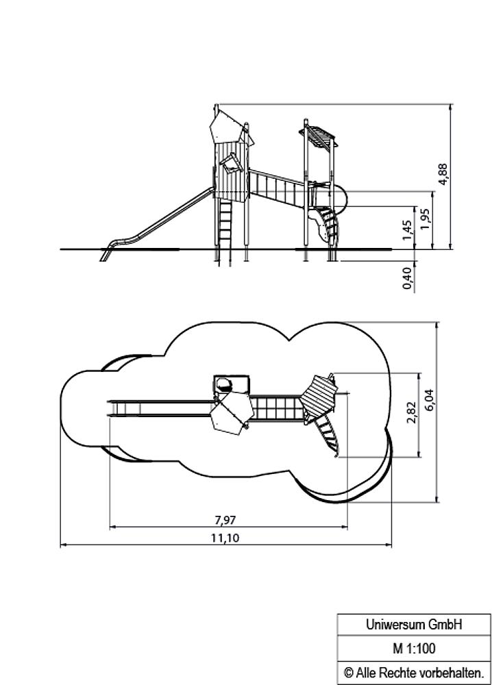 Kinderspielplatz mit Rutsche, Klettergerüst und Seilrutschen im grünen Bereich.