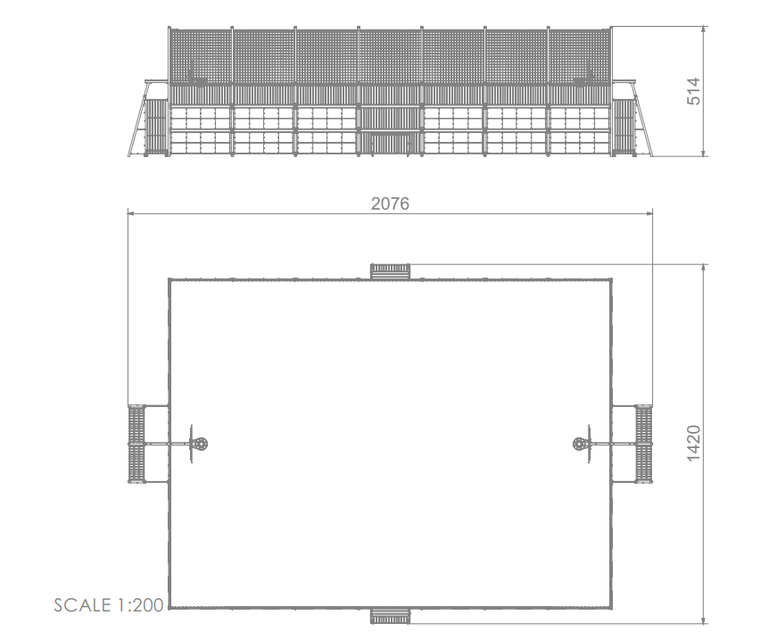 Architekturplan eines Gebäudes mit Maßen und Skala 1:200 – technische Zeichnung.