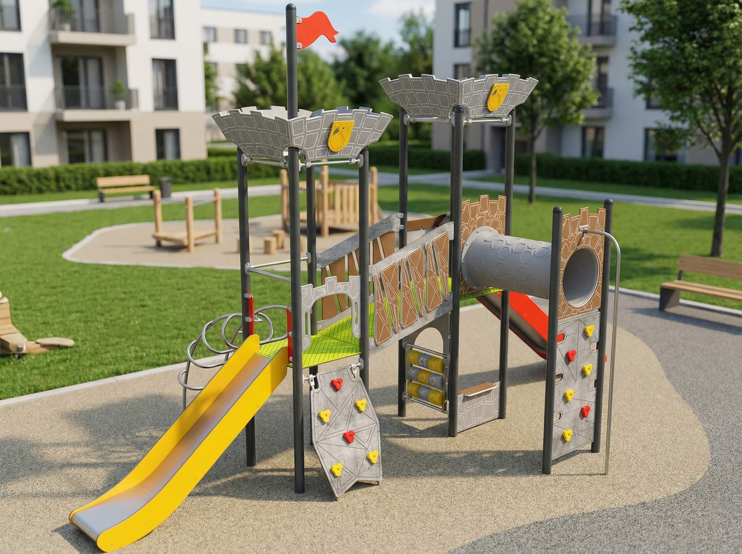 Modern children's playground with slide, climbing wall und tunnel in urban park area.