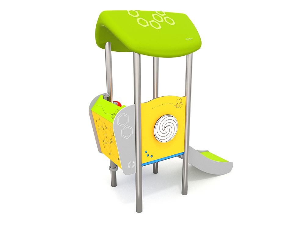 Schwinger für Kleinkinder mit Metallgestell und grünen Verbindungen auf weißem Hintergrund.