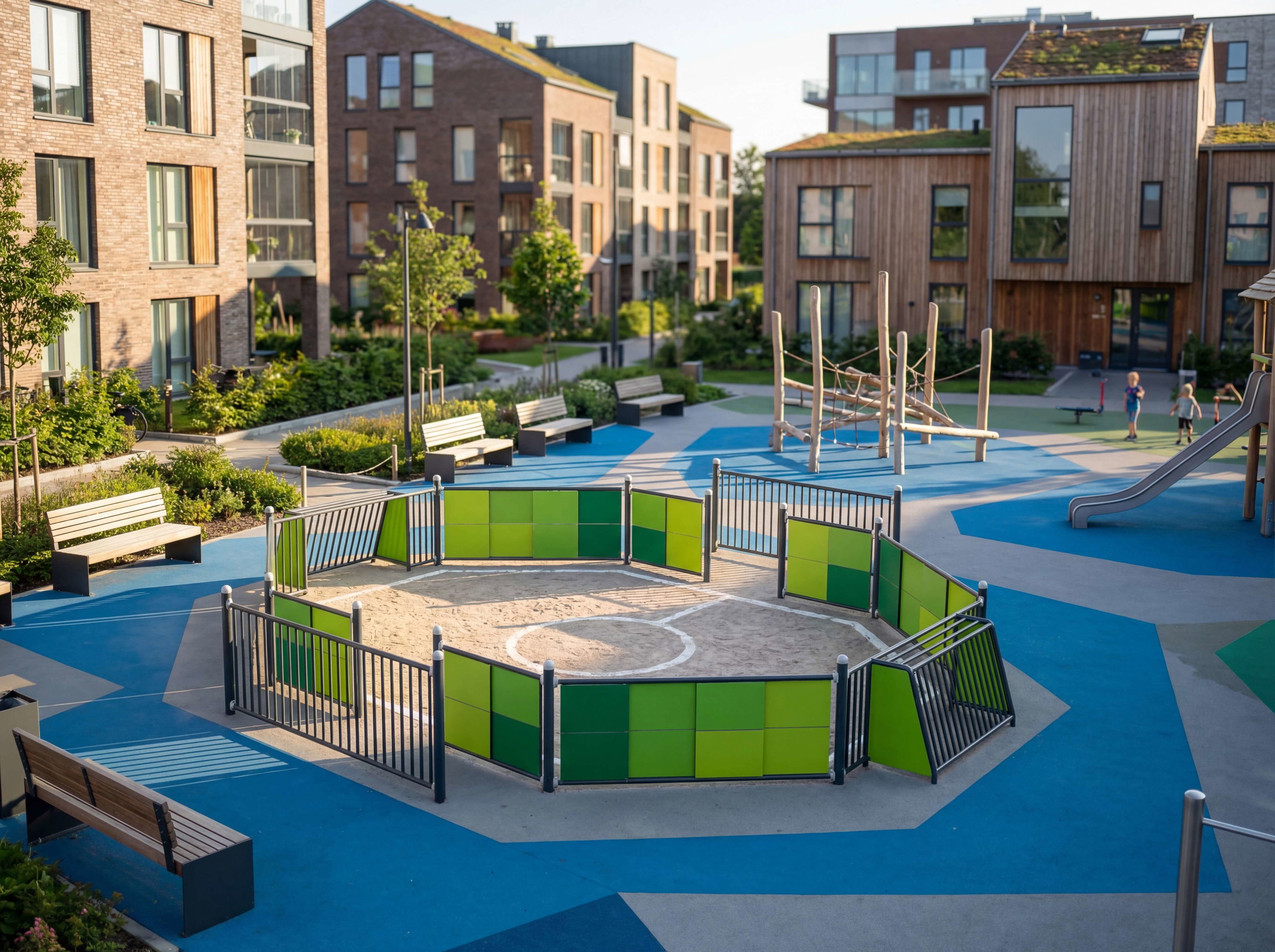 Modern playground with sandpit und swings between residential buildings.