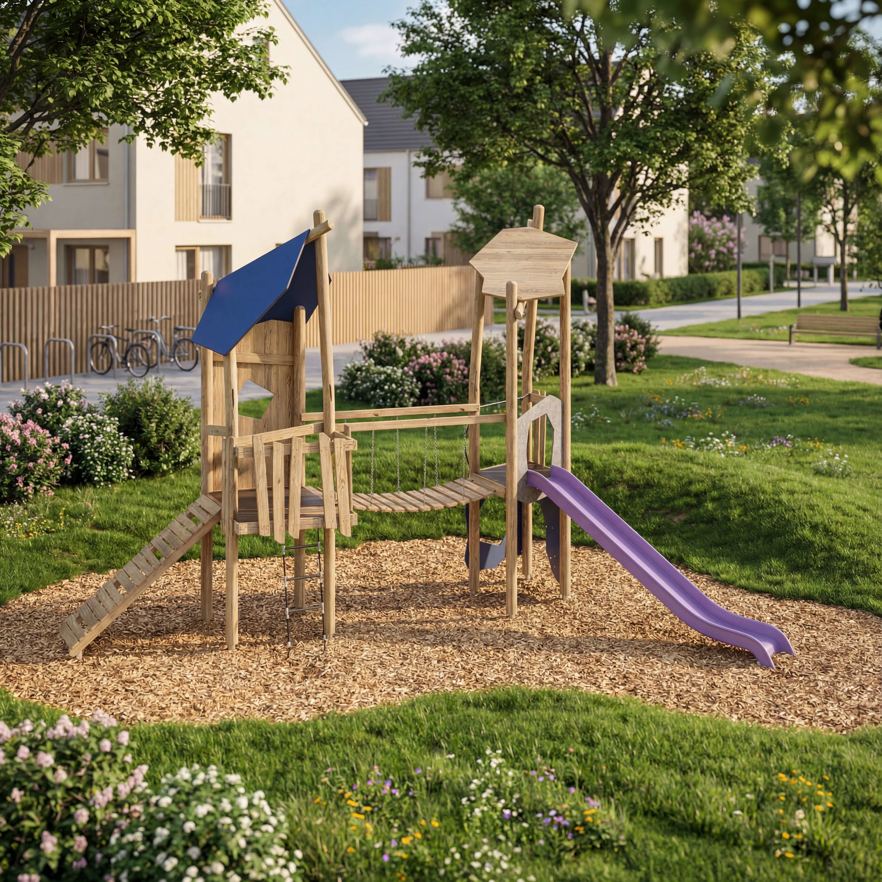 Holzspielplatz mit Rutsche und Klettergerüst im grünen Garten vor Wohnhäusern.