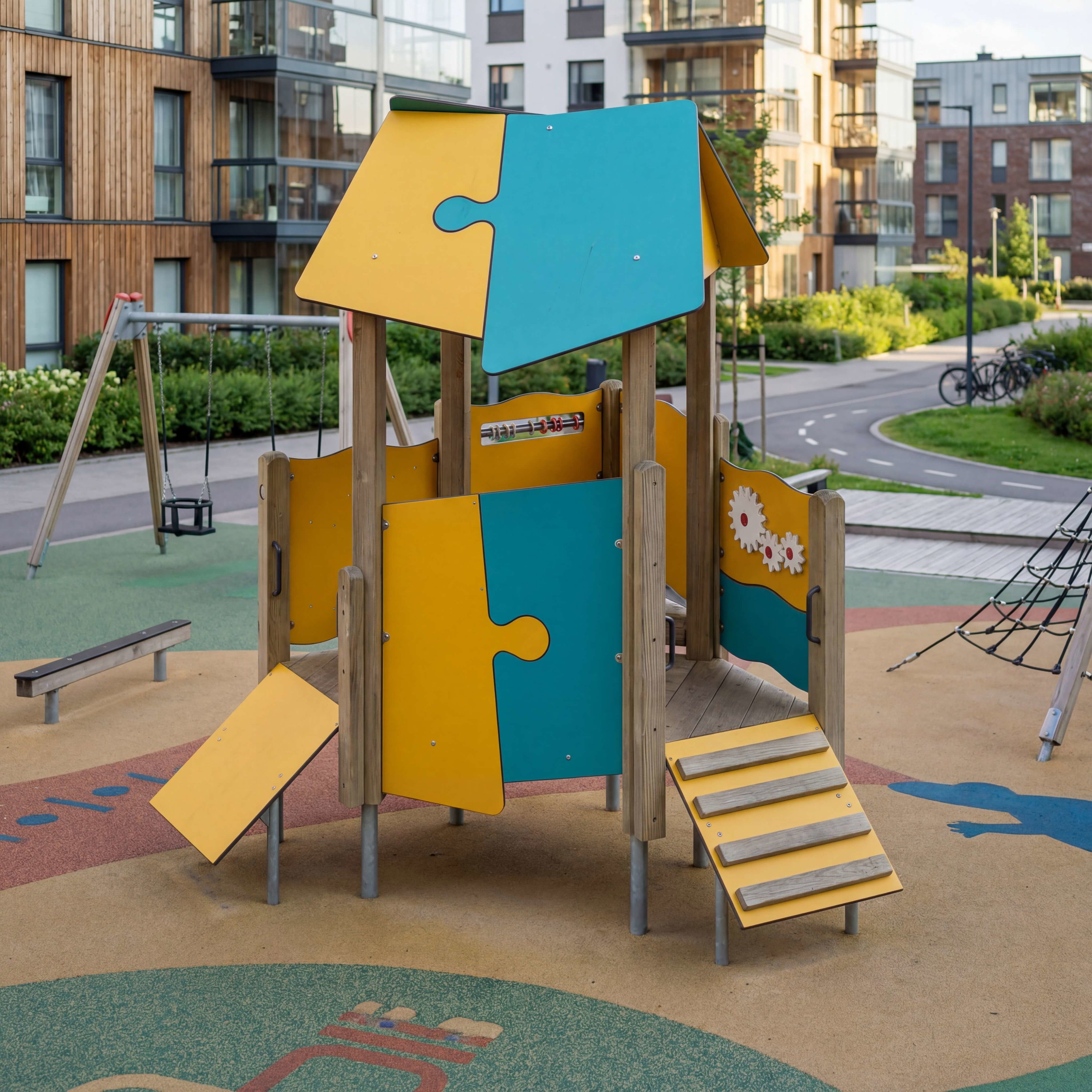 Bunte Puzzle-Spielburg auf einem modernen Spielplatz vor Wohnhäusern.
