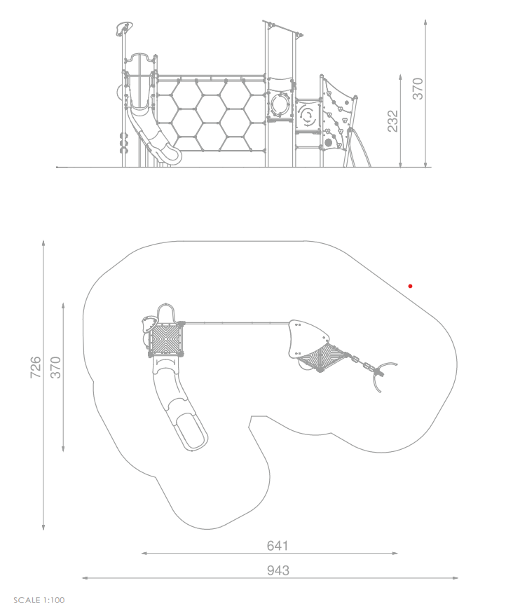 Technische Zeichnung eines Spielplatzes mit Rutsche und Klettergerüst im Maßstab 1:100.