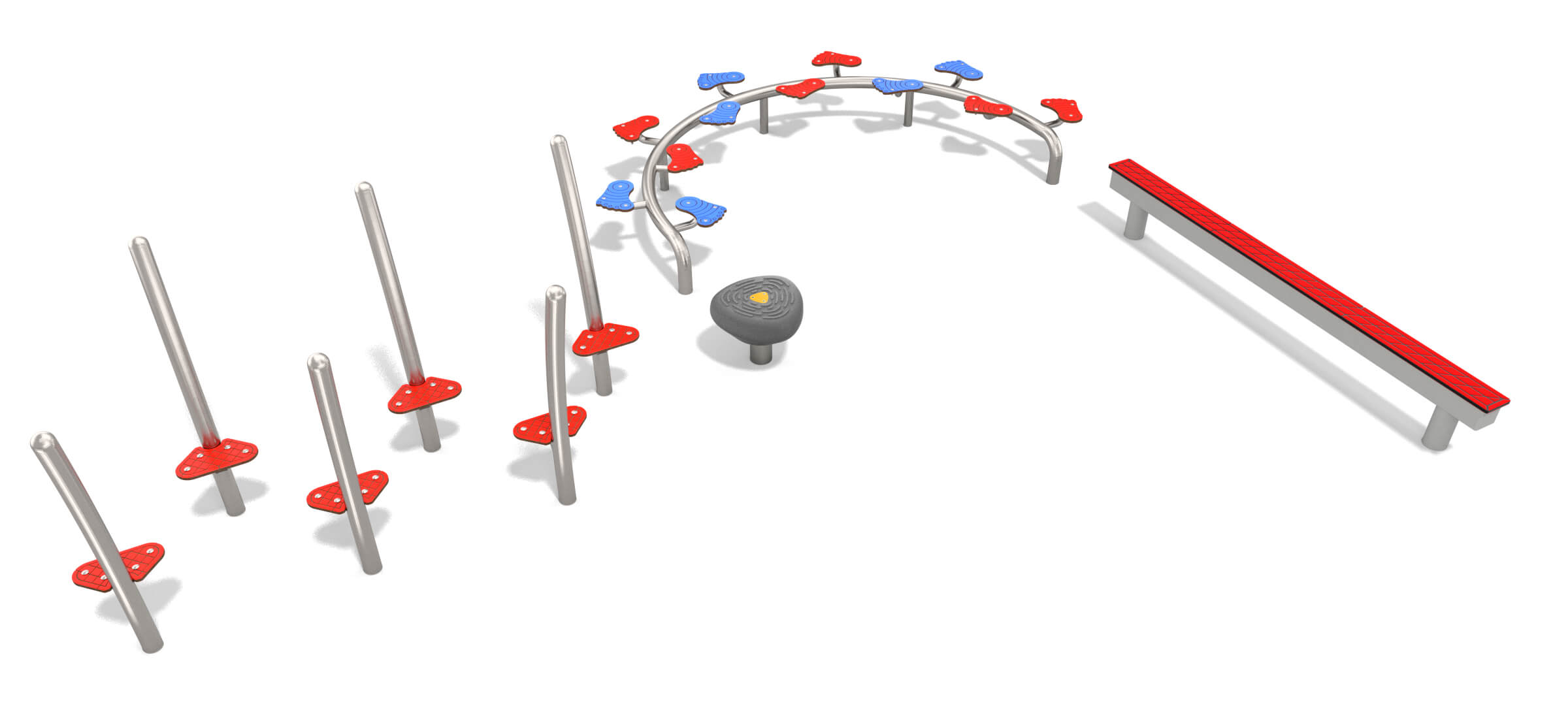 Modern outdoor fitness equipment set with colorful stations against white background.