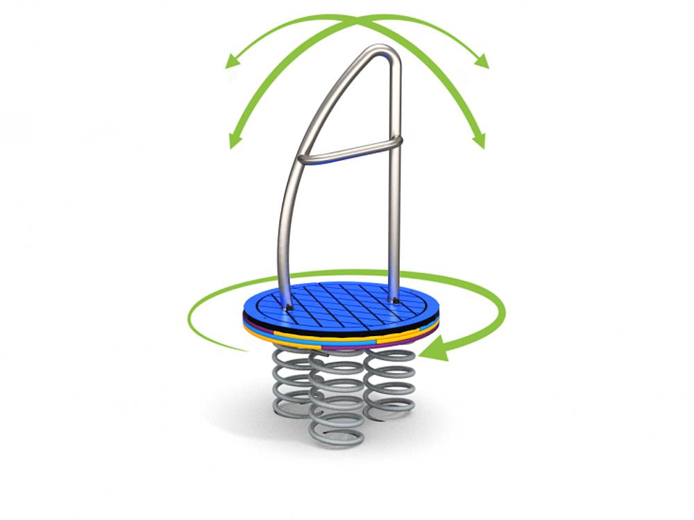 Balls roll down a shiny metal funnel mounted on a bright green pole against white background.