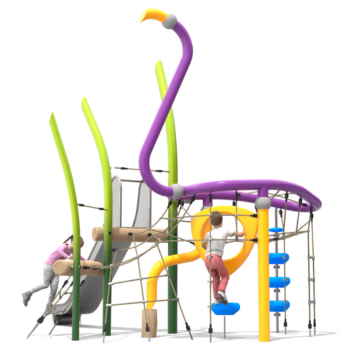 Bunte Spielplatzanlage mit Klettergerüst und Rutsche für Kinder im Freien.