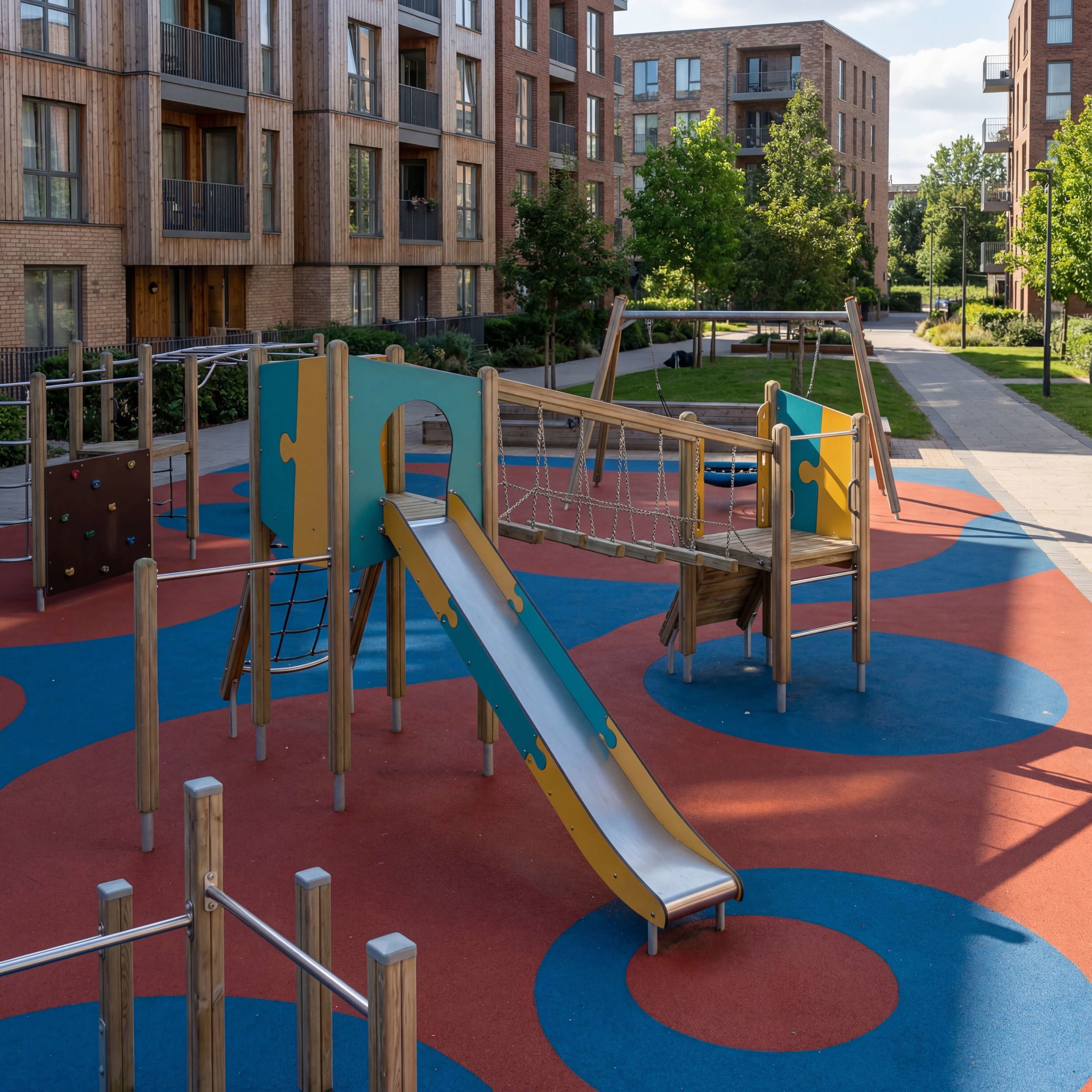 Farbiger Spielplatz mit Rutsche und Klettergerüst vor modernen Wohnhäusern.