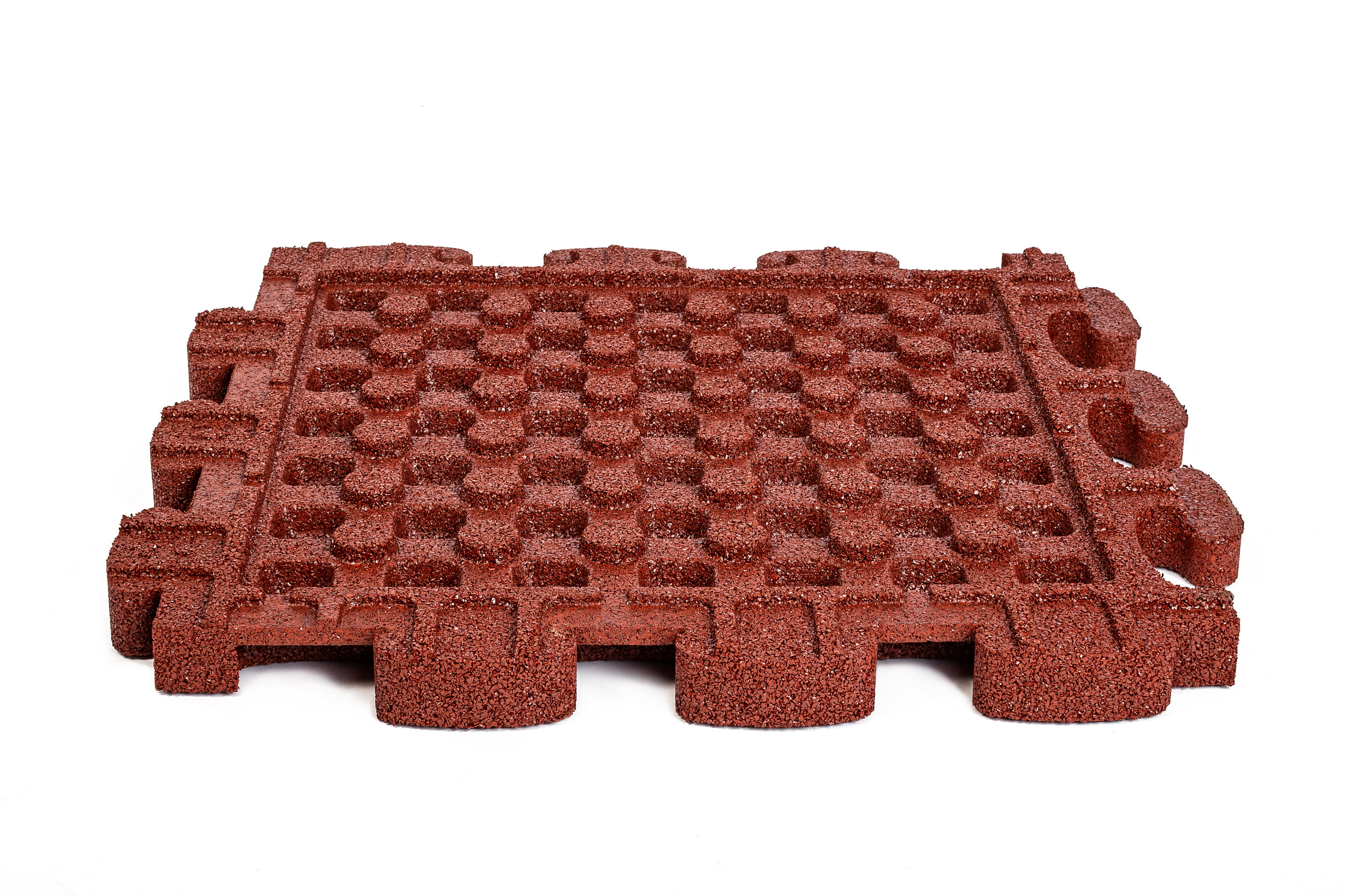 Rote Puzzle-Teppichfliese mit rauer Oberfläche und passgenauen Kanten für Bodenbelag.