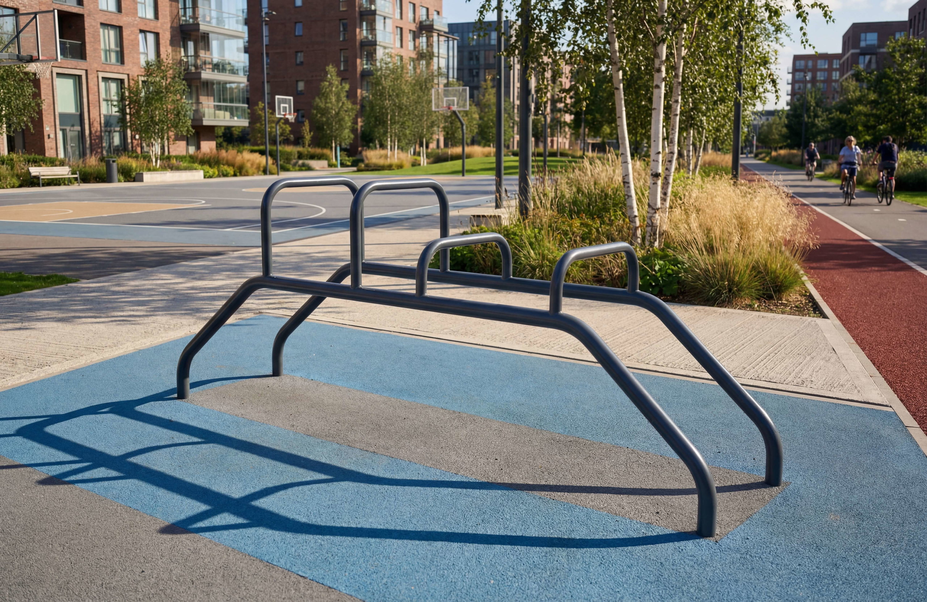 Gymnastikgerät auf blauem Platz vor Wohnhäusern und Radweg mit Fahrradfahrern im Hintergrund.