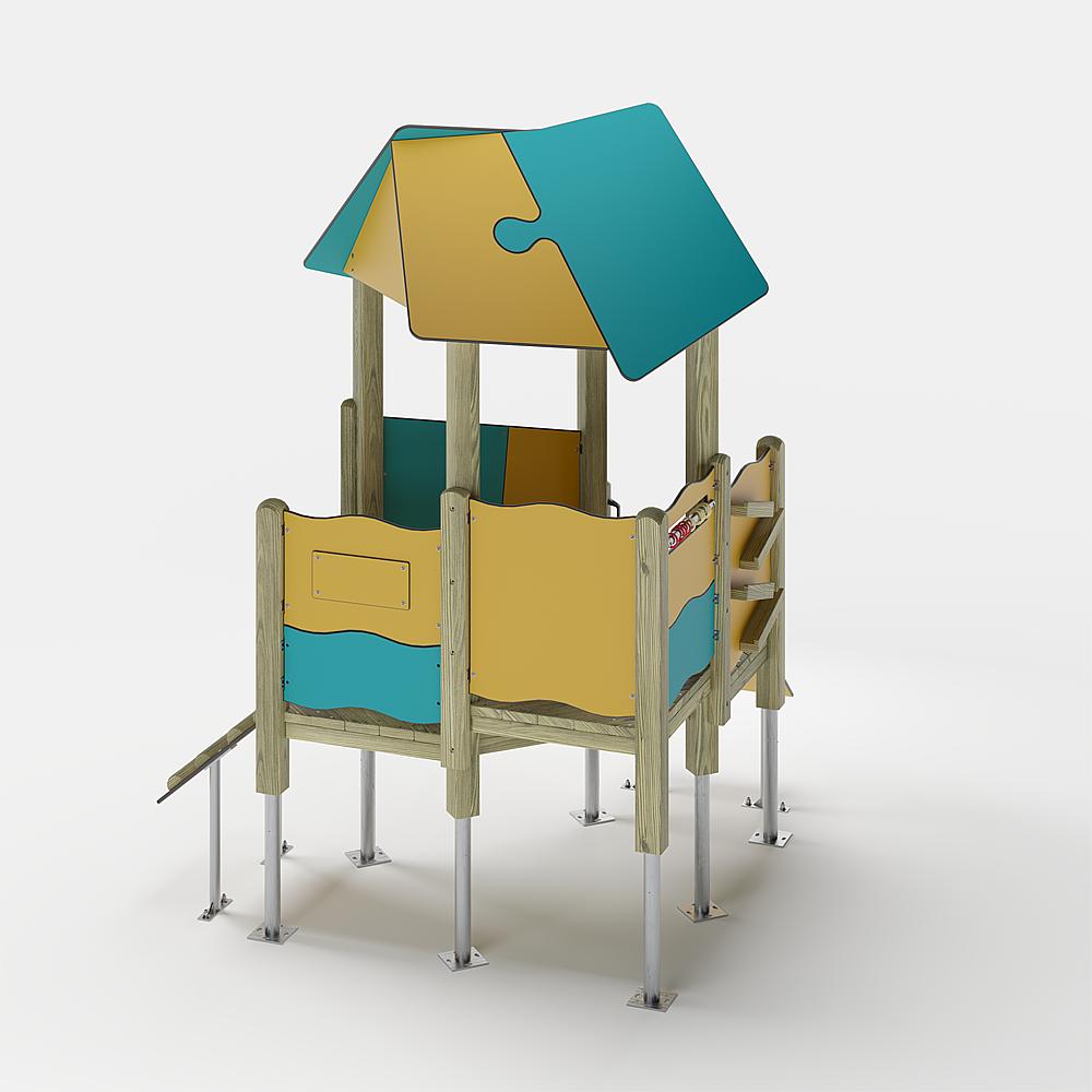 Bunte Kinderspielburg mit Dach und Rutsche auf weißem Hintergrund.
