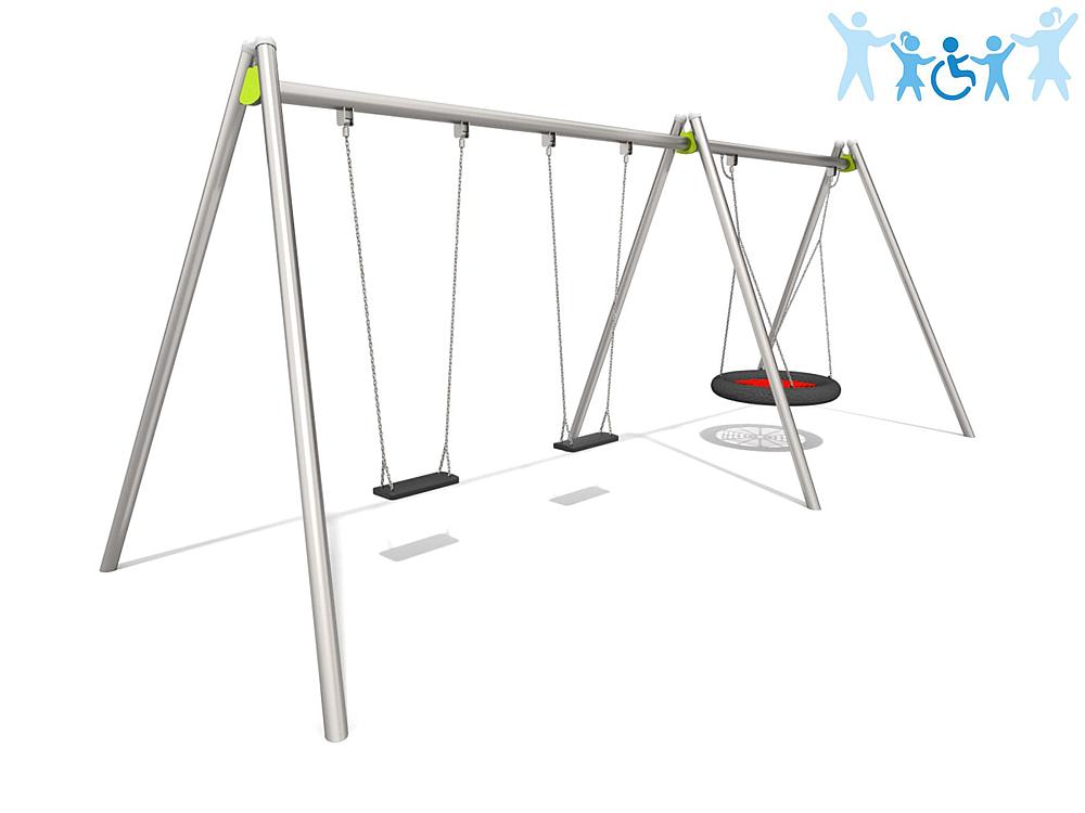 Schwinger für Kleinkinder mit Metallgestell und grünen Verbindungen auf weißem Hintergrund.