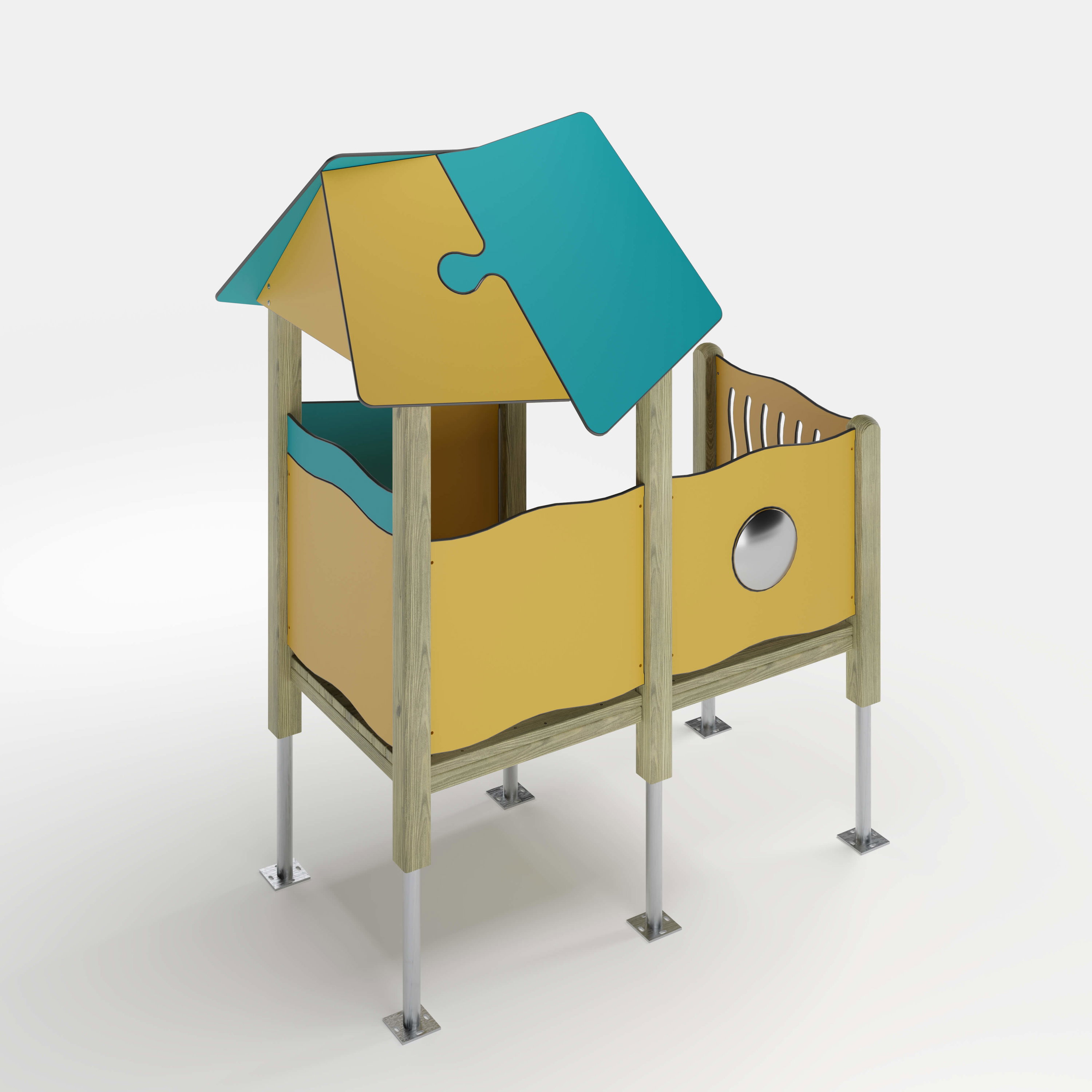 Bunte Puzzle-Hütte für Kinder auf Metallbeinen – Spielhaus mit gelb-blauen Teilen und Dach.