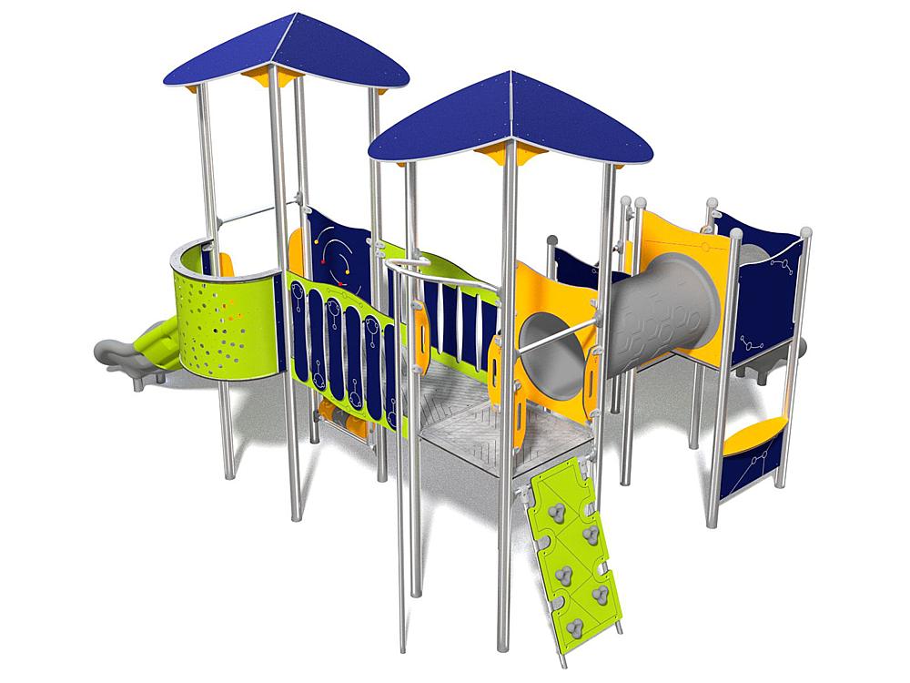 Schwinger für Kleinkinder mit Metallgestell und grünen Verbindungen auf weißem Hintergrund.