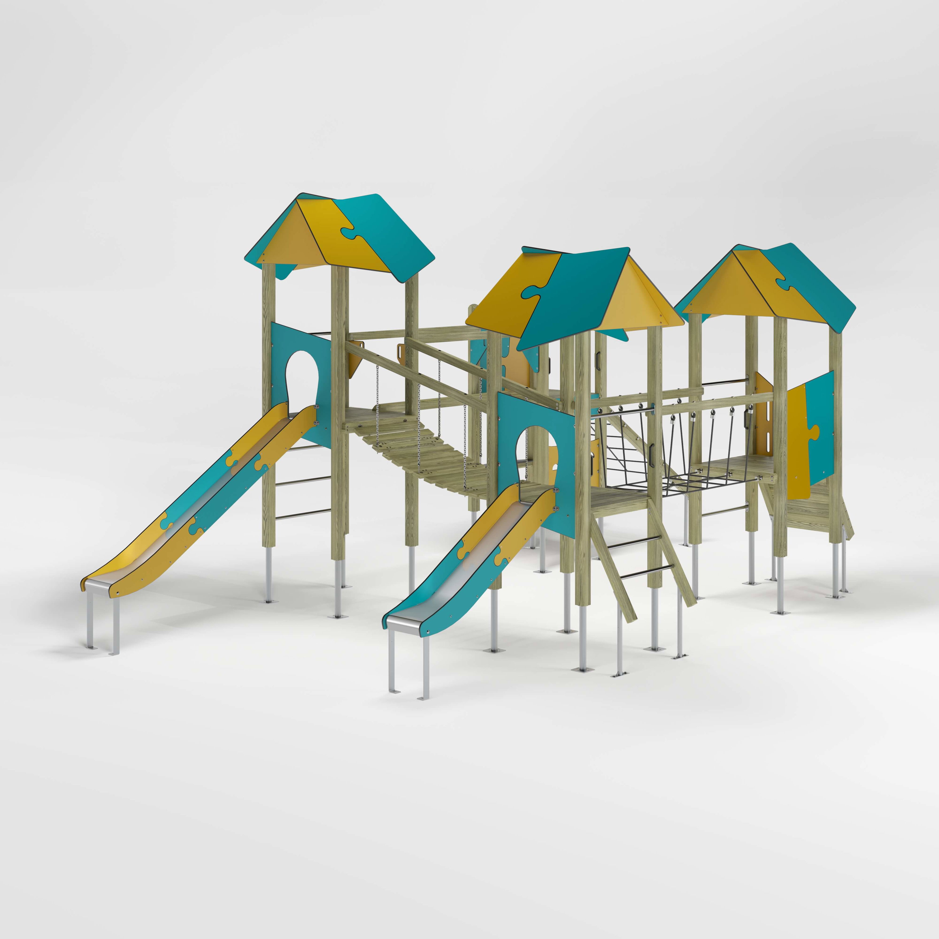 Bunte Holzspielanlage mit Rutschen und Klettergerüst für Kinder auf weißem Hintergrund.