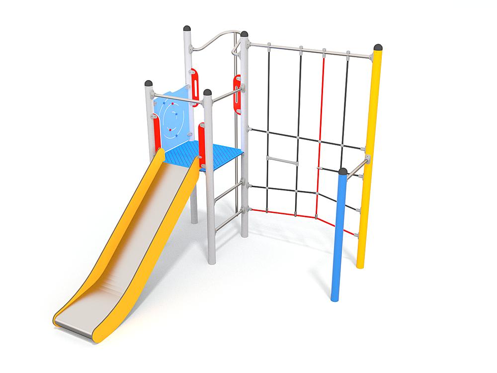 Schwinger für Kleinkinder mit Metallgestell und grünen Verbindungen auf weißem Hintergrund.