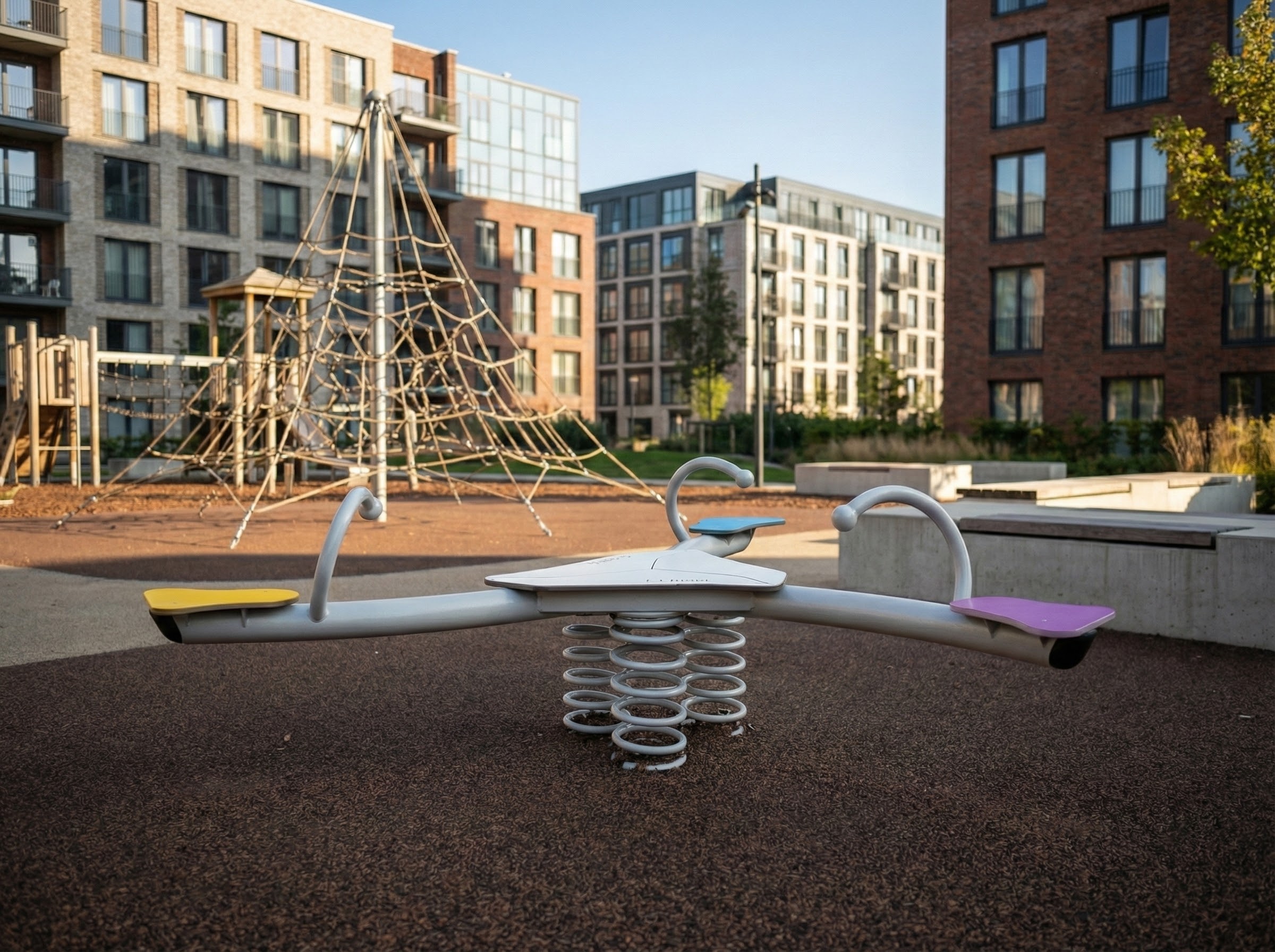 Modern playground with seesaw und climbing frame vor Wohnhäusern im Sonnenlicht.