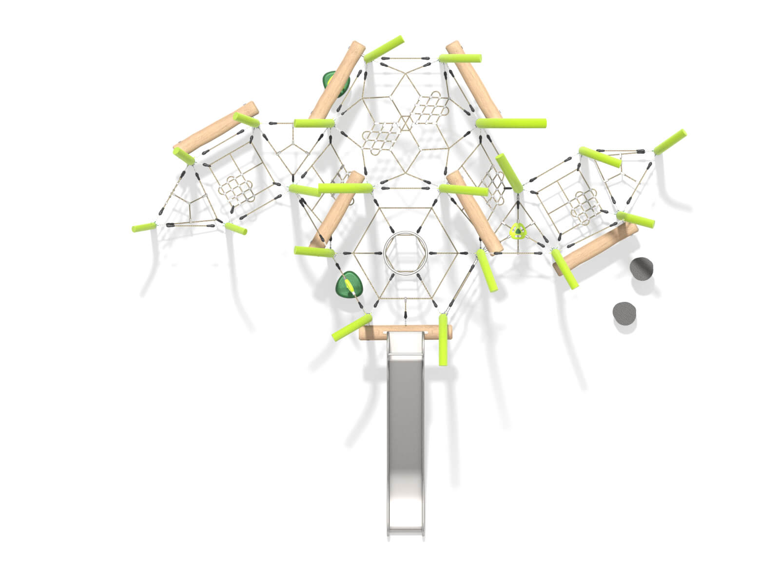 Modern playground structure with climbing nets, wooden beams und slide – top view.
