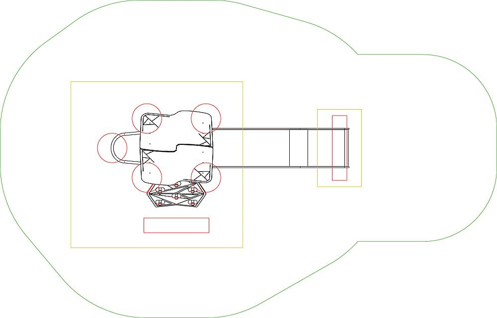 Schematische Darstellung eines mobilen Roboters mit Sensoren und Arm im industriellen Umfeld.