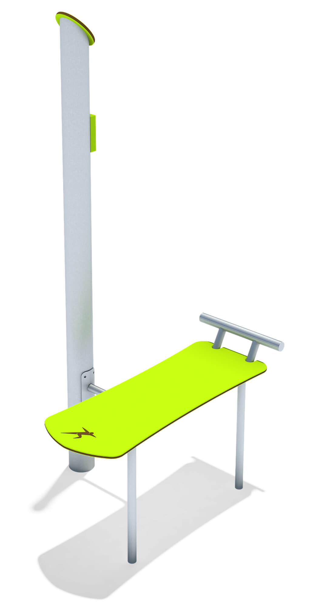 Lichtgrüne Außengymnastikbank mit Stützstange und Griffen für Fitness im Freien.