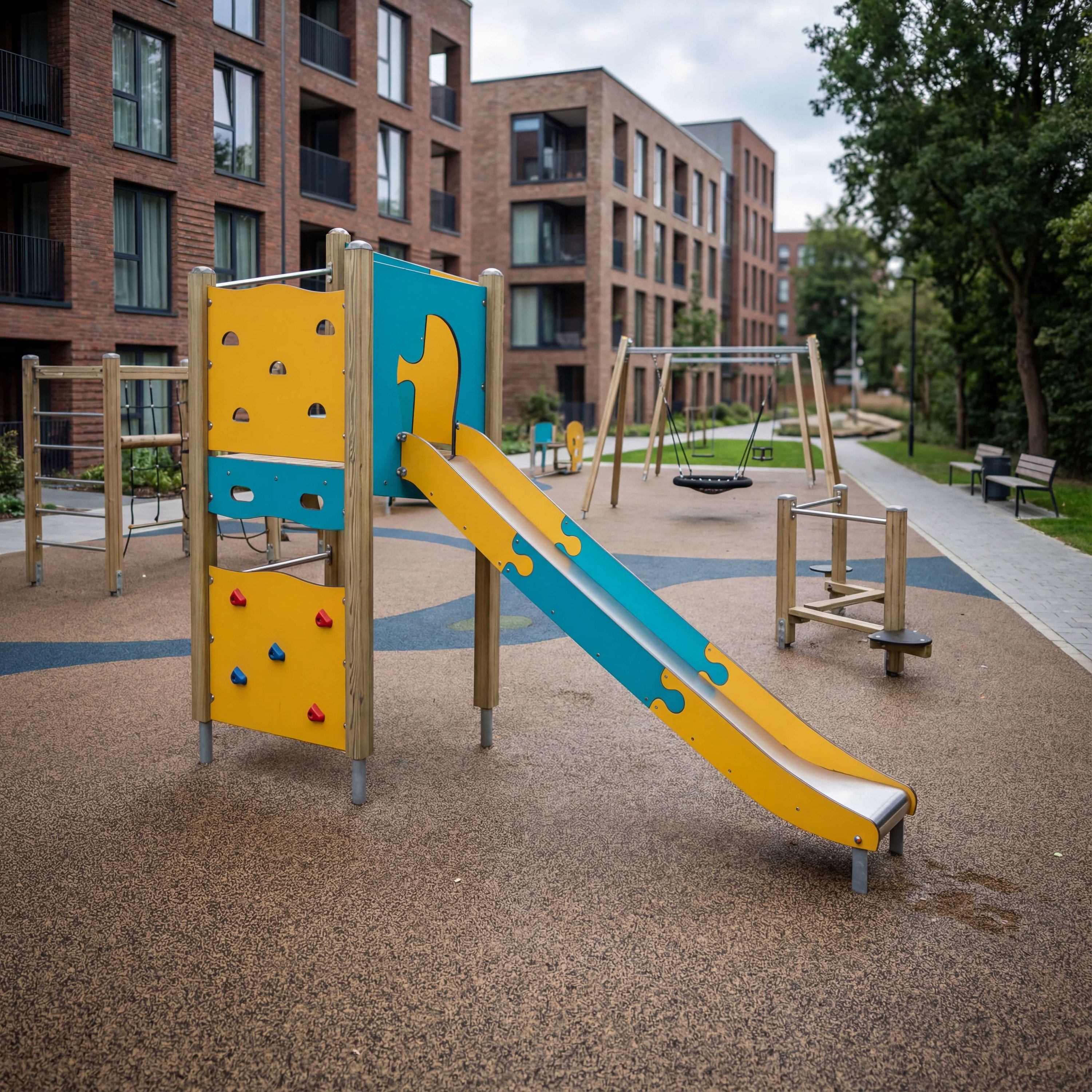 Bunte Rutsche und Schaukel auf Spielplatz vor modernen Wohnhäusern im Stadtteil.

Bunte Rutschbahn mit Kletterwand und Schaukeln im städtischen Kinderspielbereich.