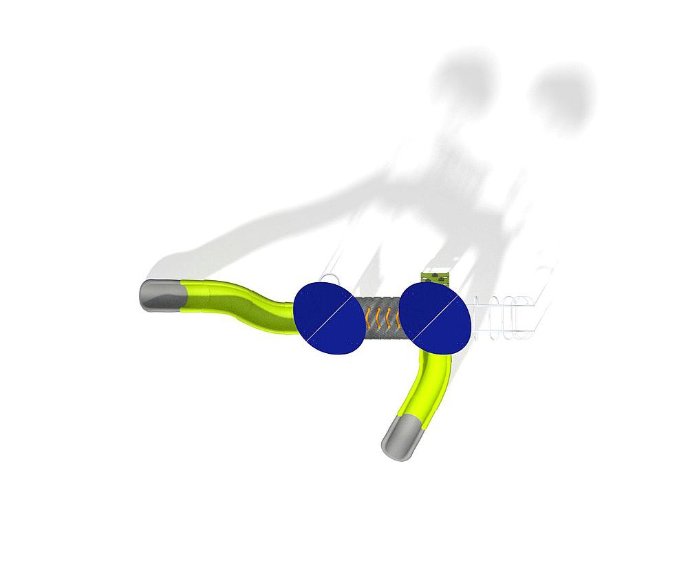Medizinisches Gerät mit grünen Schläuchen und blauen Kugeln auf weißem Hintergrund.