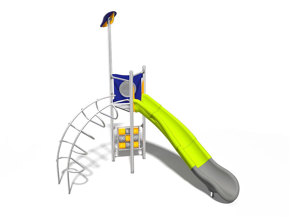 Schwinger für Kleinkinder mit Metallgestell und grünen Verbindungen auf weißem Hintergrund.
