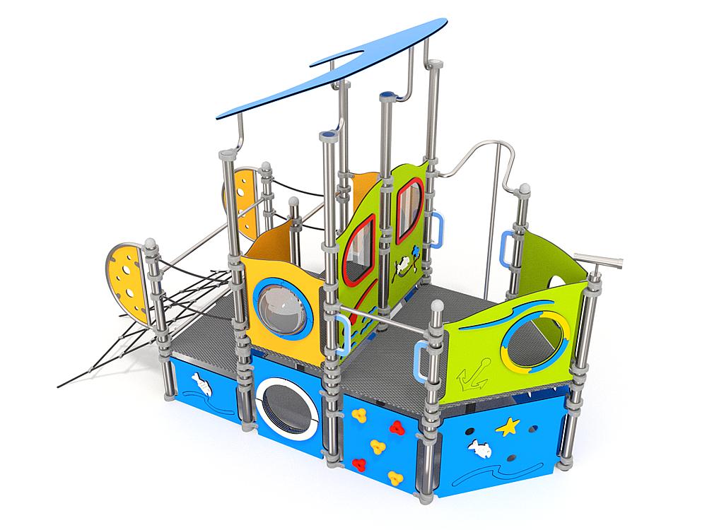 Schwinger für Kleinkinder mit Metallgestell und grünen Verbindungen auf weißem Hintergrund.
