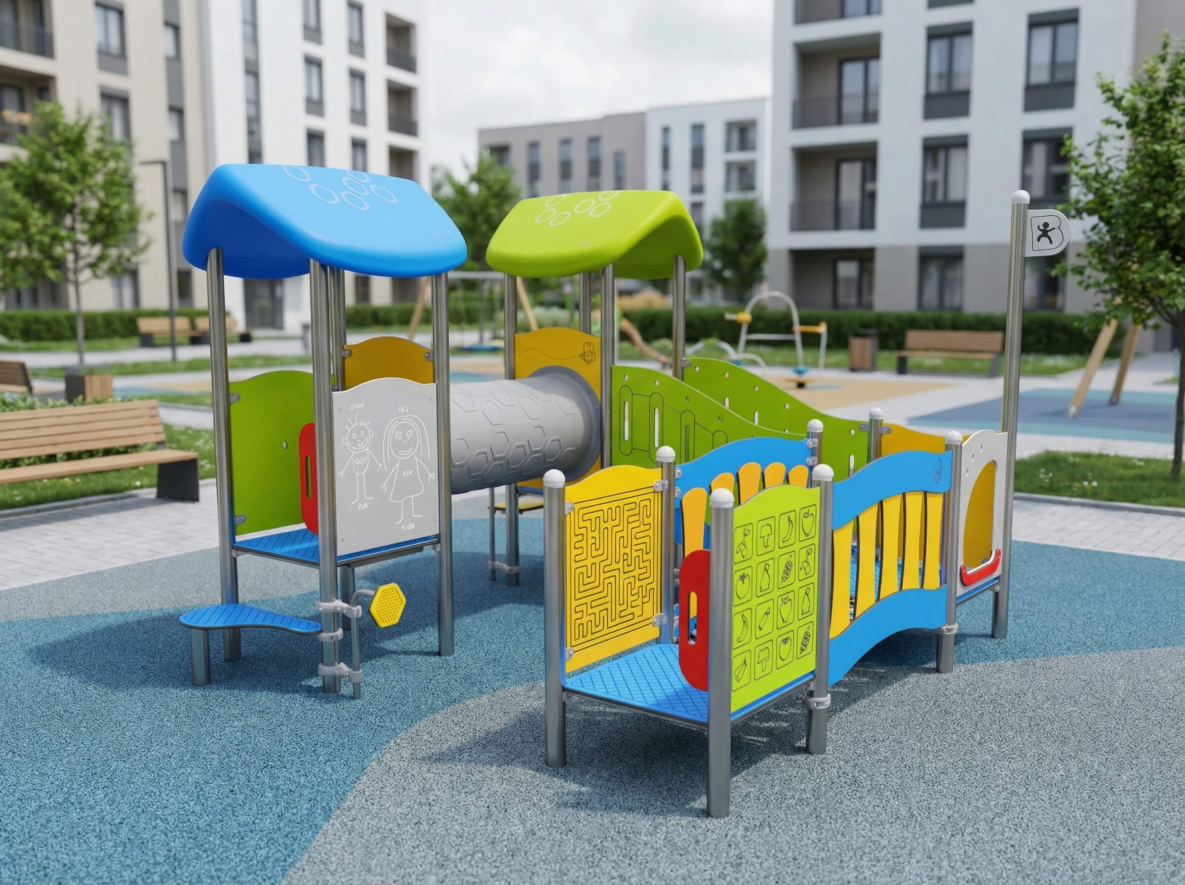 Bunte Spielanlage im modernen Wohngebiet mit Rutschröhre und Kletterelementen auf blauem Kunststoffbelag.