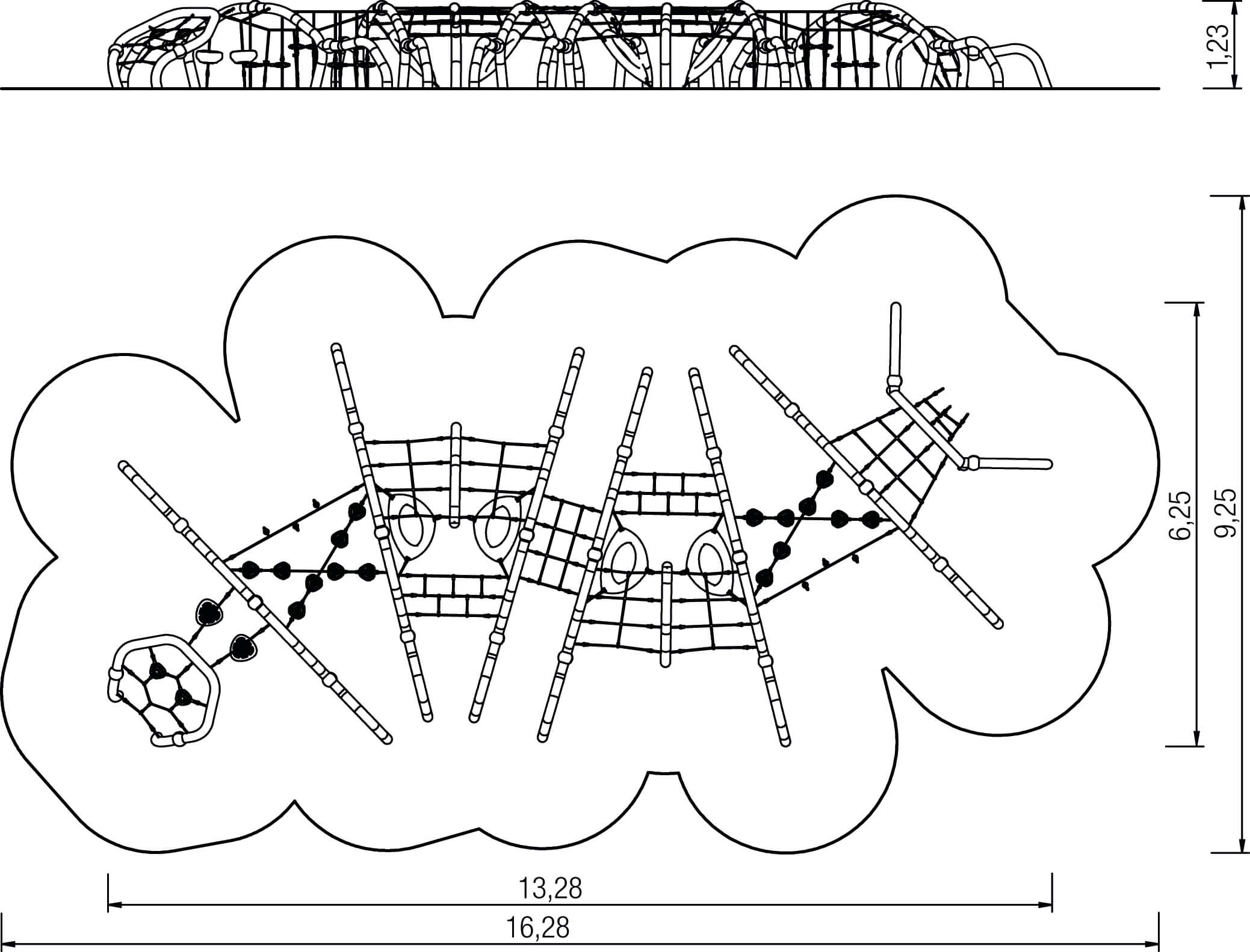 Spielplatz-Plan mit Klettergerüst und Rutsche im Wolkenform-Gelände – Maßangaben vorhanden.