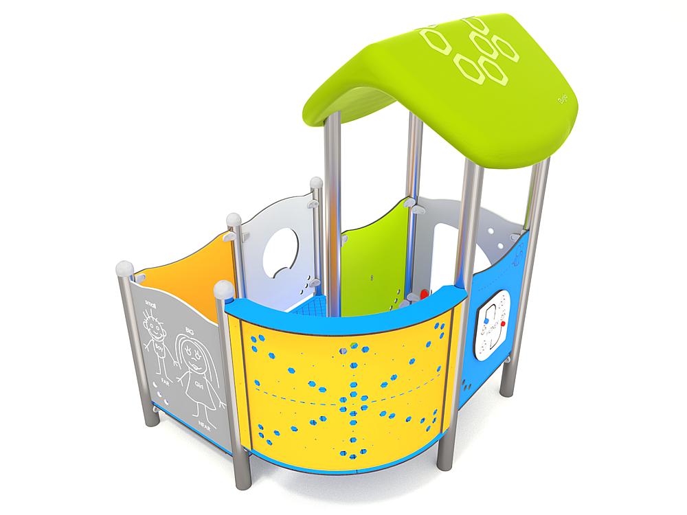 Schwinger für Kleinkinder mit Metallgestell und grünen Verbindungen auf weißem Hintergrund.