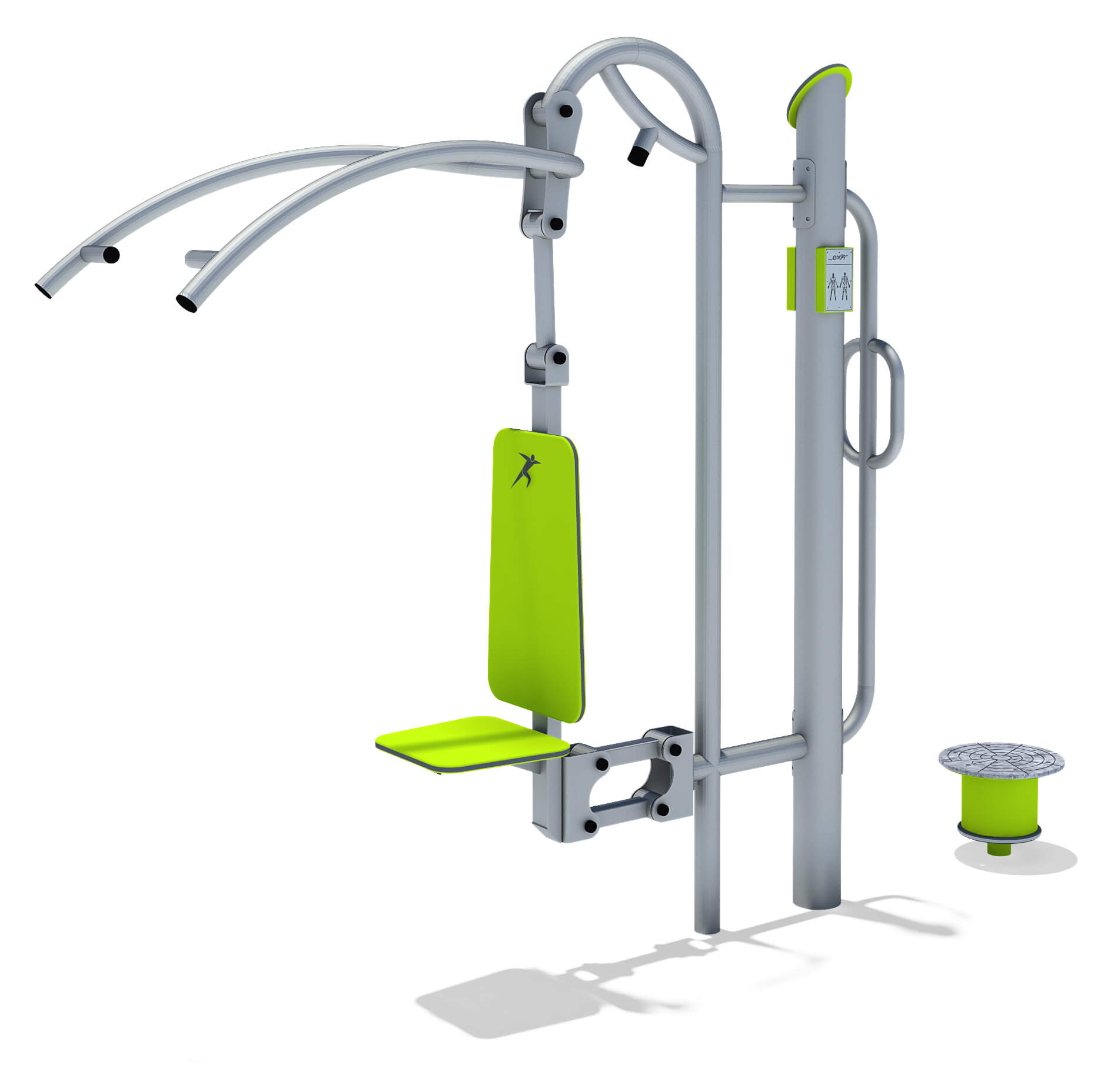 Outdoor fitness station with lime green seat and handles, silver frame, designed for strength training.