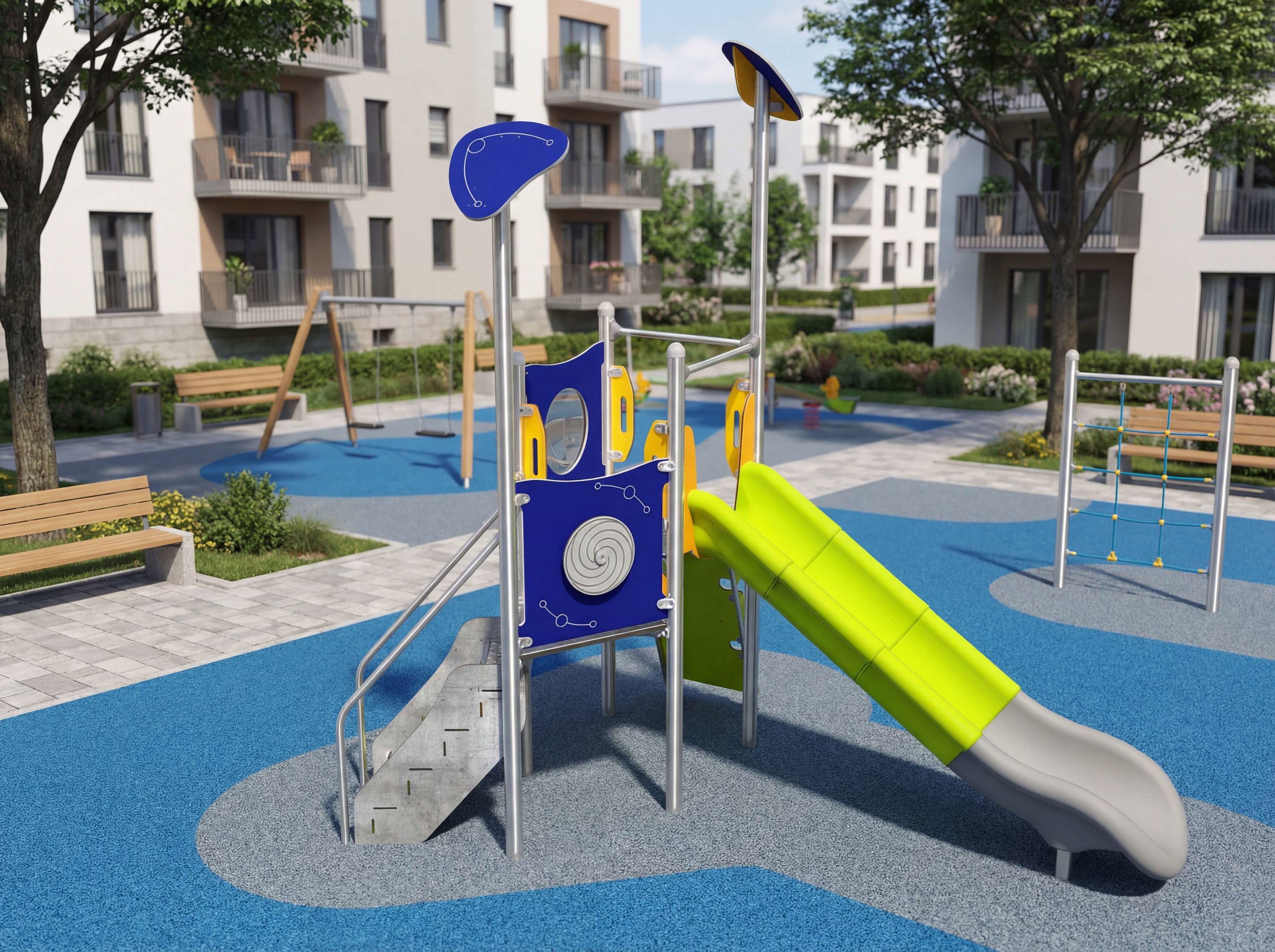 Farbiger Spielplatz mit Rutsche und Klettergerüst vor modernen Wohnhäusern.
