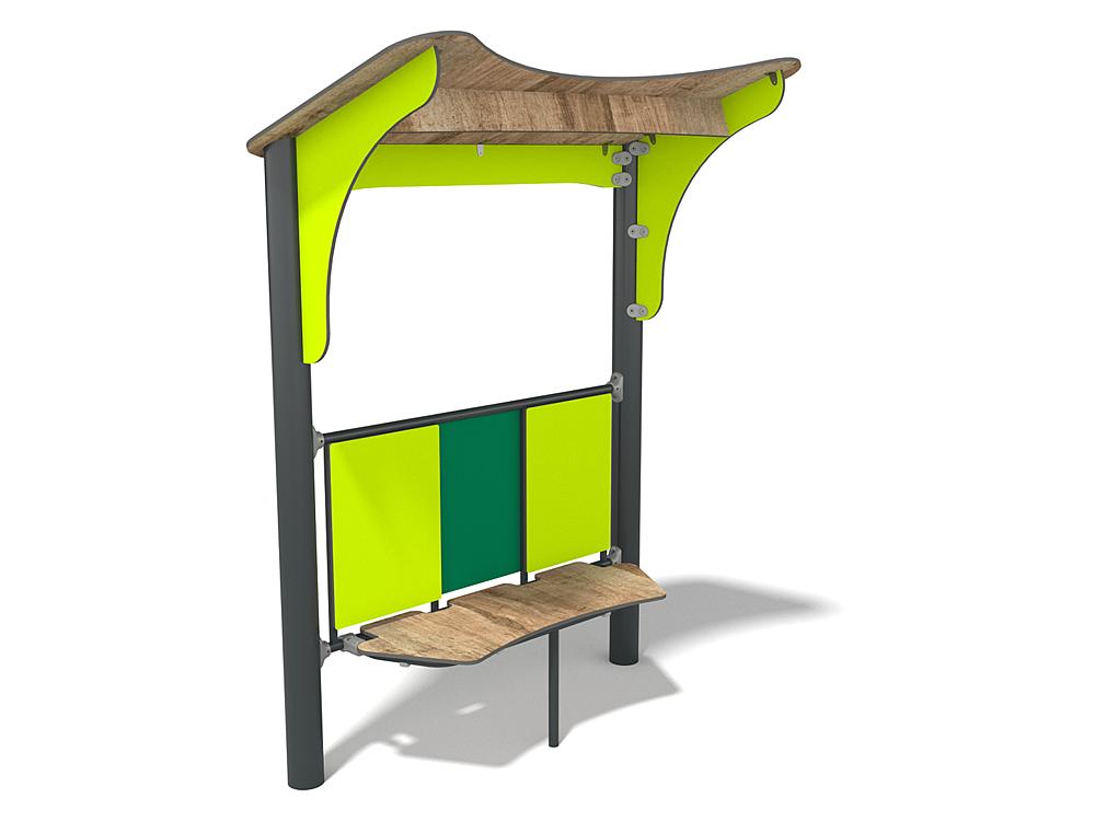 Schwinger für Kleinkinder mit Metallgestell und grünen Verbindungen auf weißem Hintergrund.