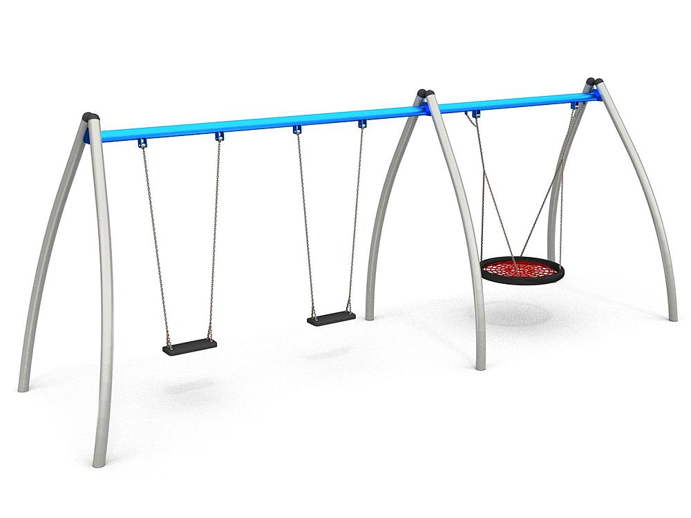 Schwinger für Kleinkinder mit Metallgestell und grünen Verbindungen auf weißem Hintergrund.