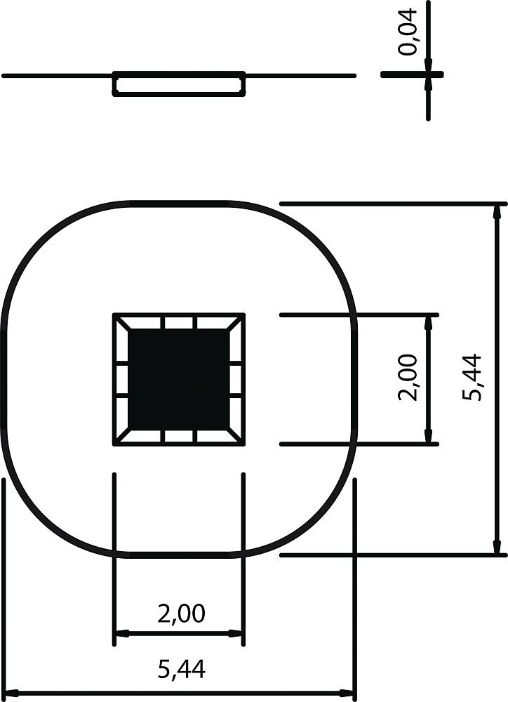 Technische Zeichnung eines runden Bauteils mit quadratischem Zentrum und Maßen in mm.
