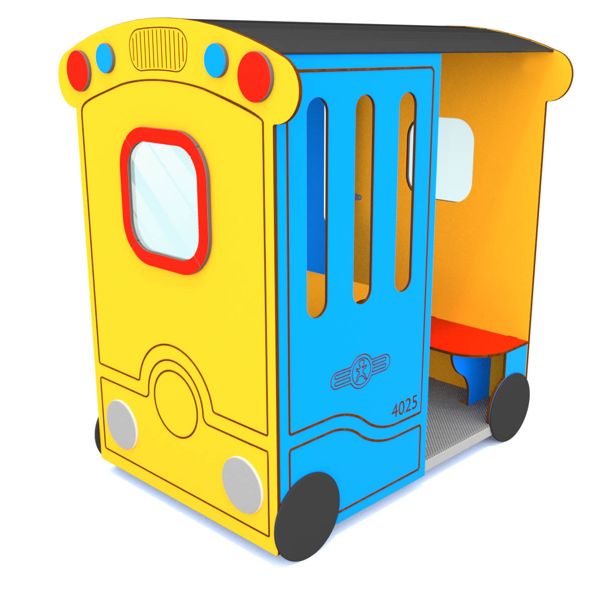 Bunte Spielzeugbahn mit Sitz und Tür – für Kinderzimmer oder Freispielplatz.