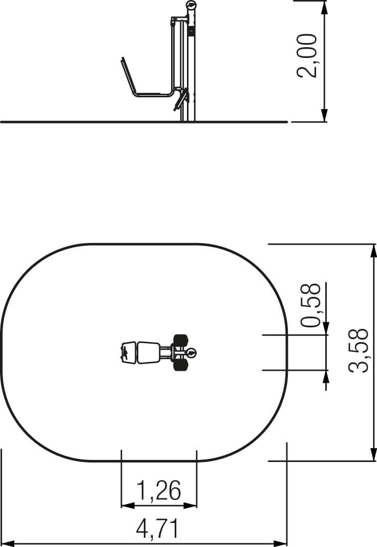 Technische Zeichnung eines ovalen Beckens mit Maßen und Armaturenansicht oben.