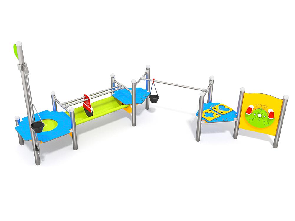 Schwinger für Kleinkinder mit Metallgestell und grünen Verbindungen auf weißem Hintergrund.