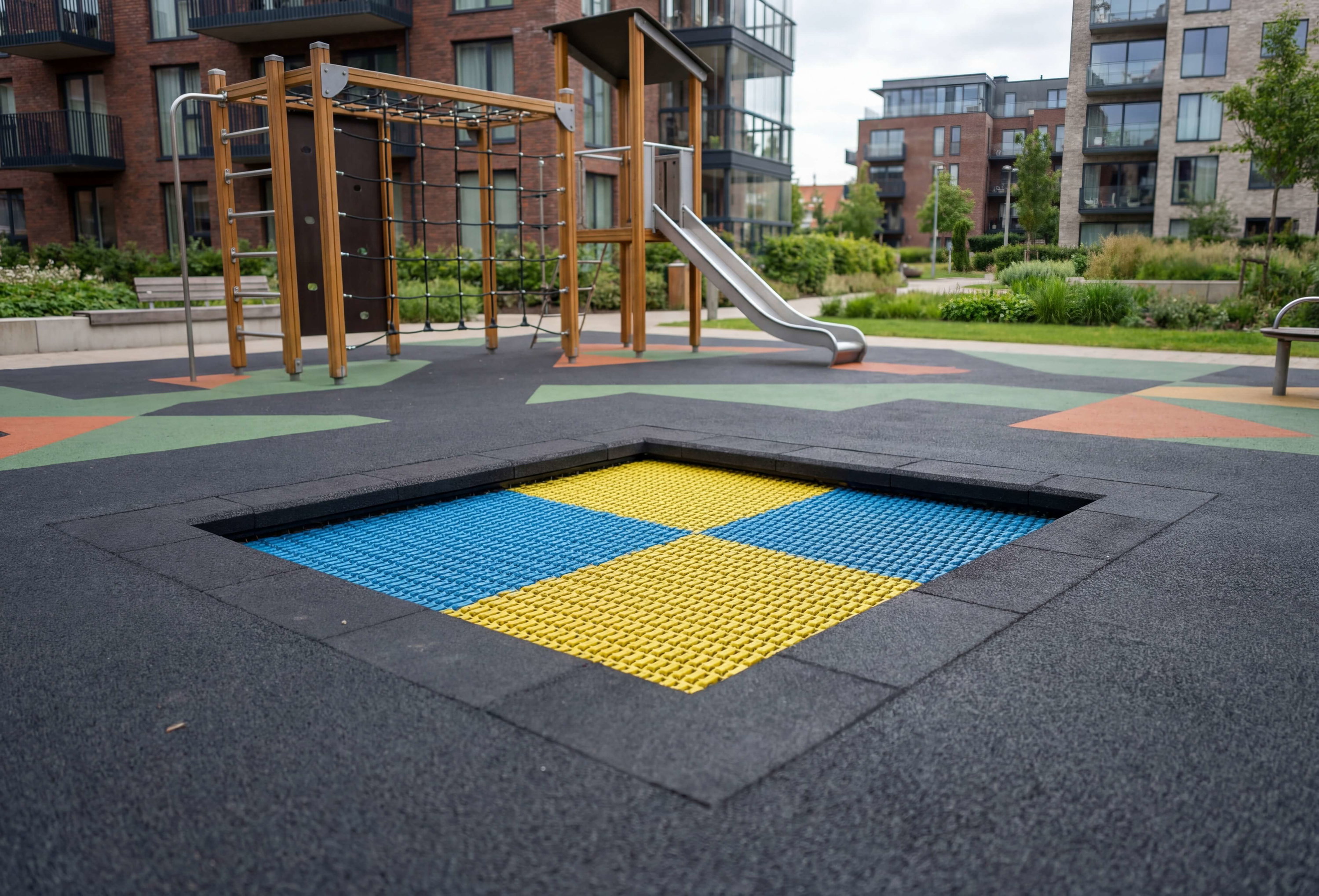 Kinderspielplatz mit Rutschbahn und farbigem Boden vor Wohnhäusern.